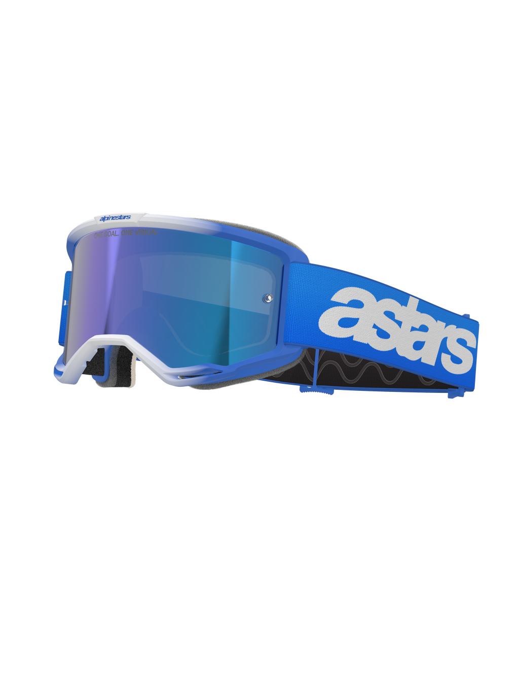 Alpinestars Vision 5 Blaze motorcrossbril, crossbril, blauw en wit, voorzien van een reflecterende blauwe spiegellens, brede blauwe band met opvallende witte astars-branding, gebogen frame met witte accenten, dikke zwarte schuimvulling, professionele off-road racebril