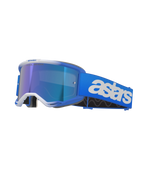 Alpinestars Vision 5 Blaze motorcrossbril, crossbril, blauw en wit, voorzien van een reflecterende blauwe spiegellens, brede blauwe band met opvallende witte astars-branding, gebogen frame met witte accenten, dikke zwarte schuimvulling, professionele off-road racebril