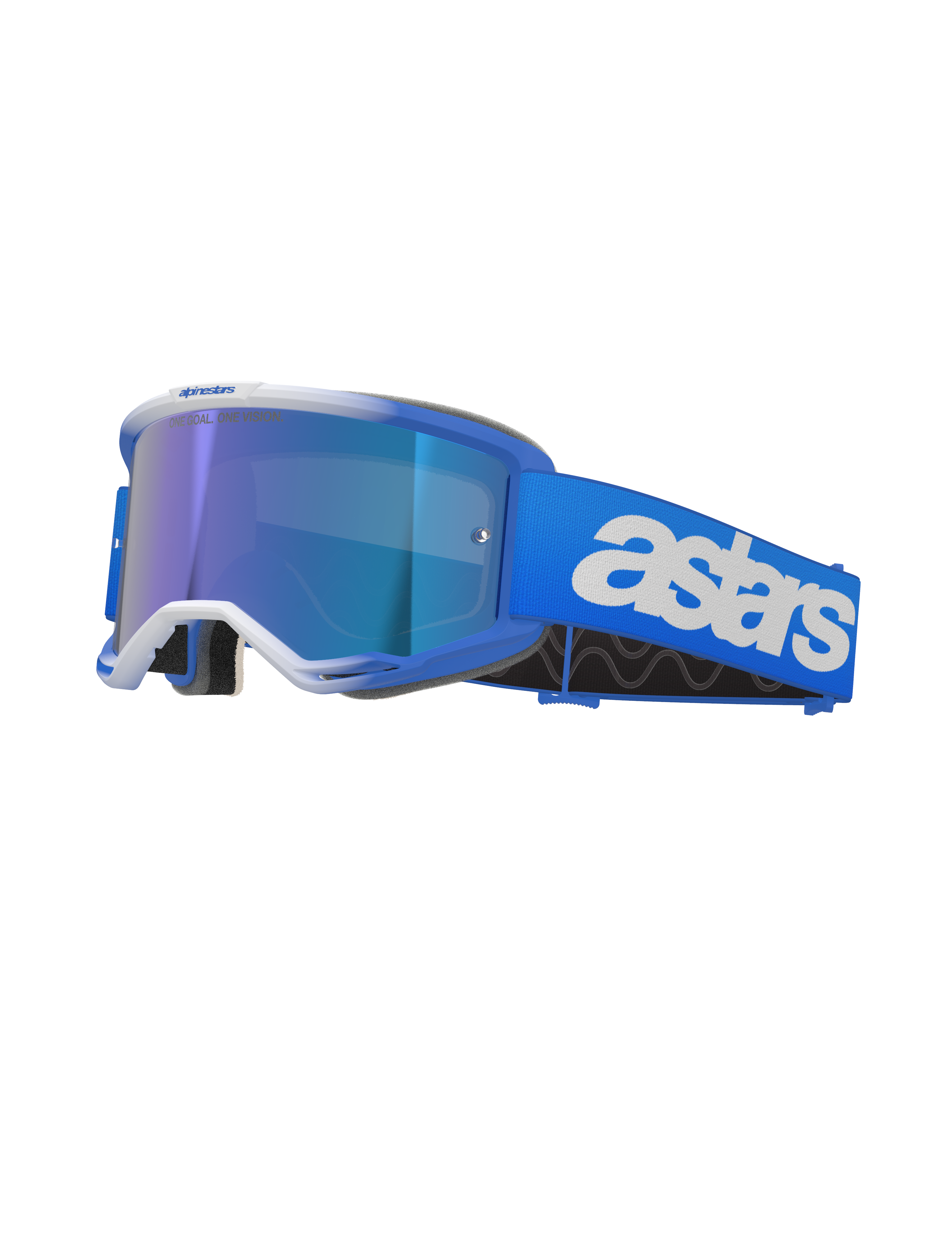 Alpinestars Vision 5 Blaze motorcrossbril, crossbril, blauw en wit, voorzien van een reflecterende blauwe spiegellens, brede blauwe band met opvallende witte astars-branding, gebogen frame met witte accenten, dikke zwarte schuimvulling, professionele off-road racebril