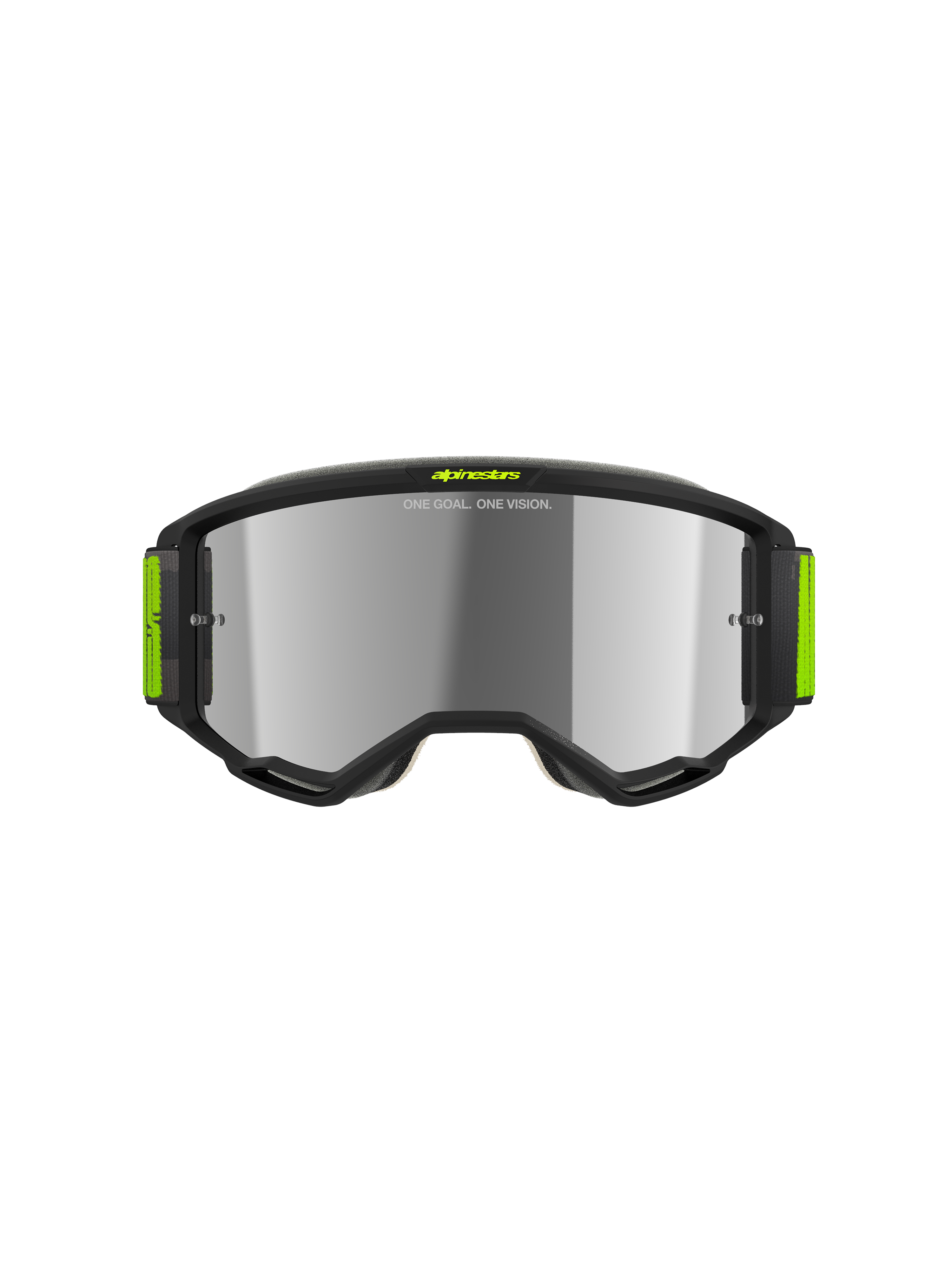 Alpinestars Vision 5 Hollow Goggles, Motocross Goggles, Charcoal and Yellow Fluo, Silver Mirror Lens, sleek charcoal frame with bright yellow accents and wide woven strap, high-performance eye protection for off-road racing