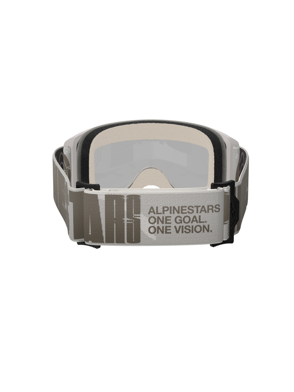 Alpinestars Vision 5 Hollow Goggles, motorcrossbril, wit en lichtgrijs, achteraanzicht met een brede geweven band voorzien van 'ALPINESTARS ONE GOAL. ONE VISION.' branding, dik meerlaags gezichtsschuim, hoogwaardige off-road bril
