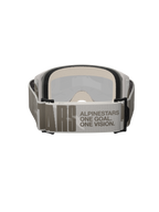 Alpinestars Vision 5 Hollow Goggles, motorcrossbril, wit en lichtgrijs, achteraanzicht met een brede geweven band voorzien van 'ALPINESTARS ONE GOAL. ONE VISION.' branding, dik meerlaags gezichtsschuim, hoogwaardige off-road bril