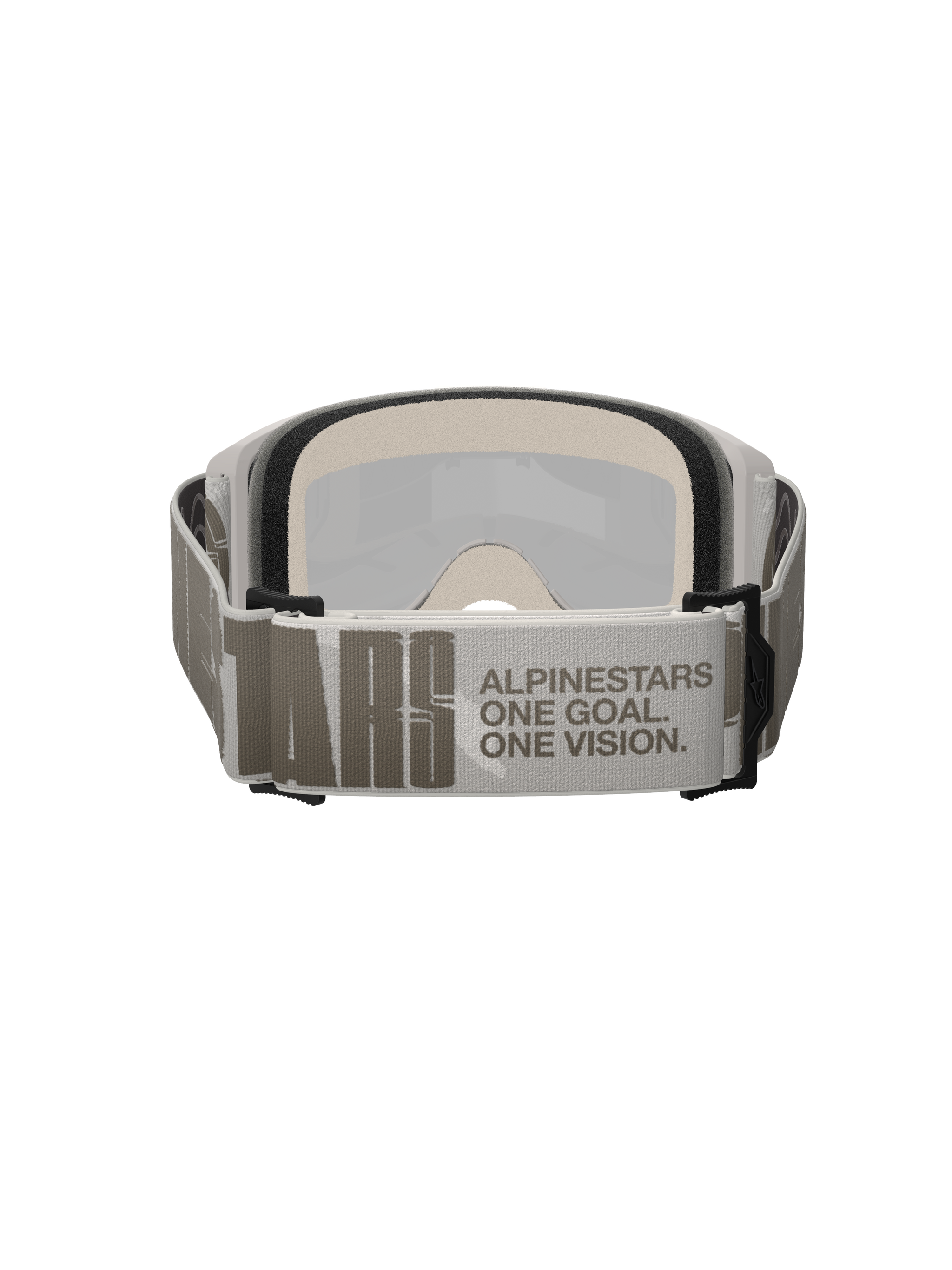 Alpinestars Vision 5 Hollow Goggles, motorcrossbril, wit en lichtgrijs, achteraanzicht met een brede geweven band voorzien van 'ALPINESTARS ONE GOAL. ONE VISION.' branding, dik meerlaags gezichtsschuim, hoogwaardige off-road bril