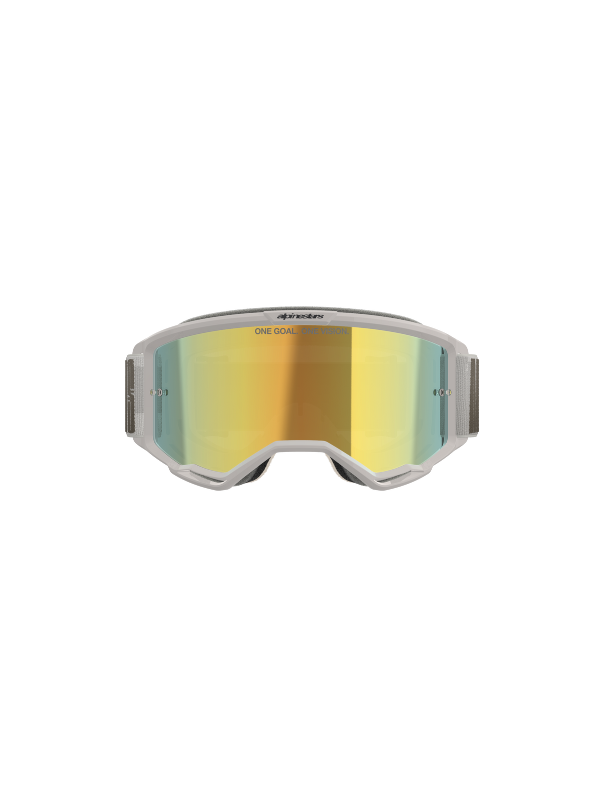 Alpinestars Vision 5 Hollow Goggles, motocrossbril, wit en Wind Mirror Gold, vooraanzicht met gespiegelde polycarbonaat lens, lichtgrijs flexibel frame en band, hoogwaardige oogbescherming voor motocross en off-road rijden