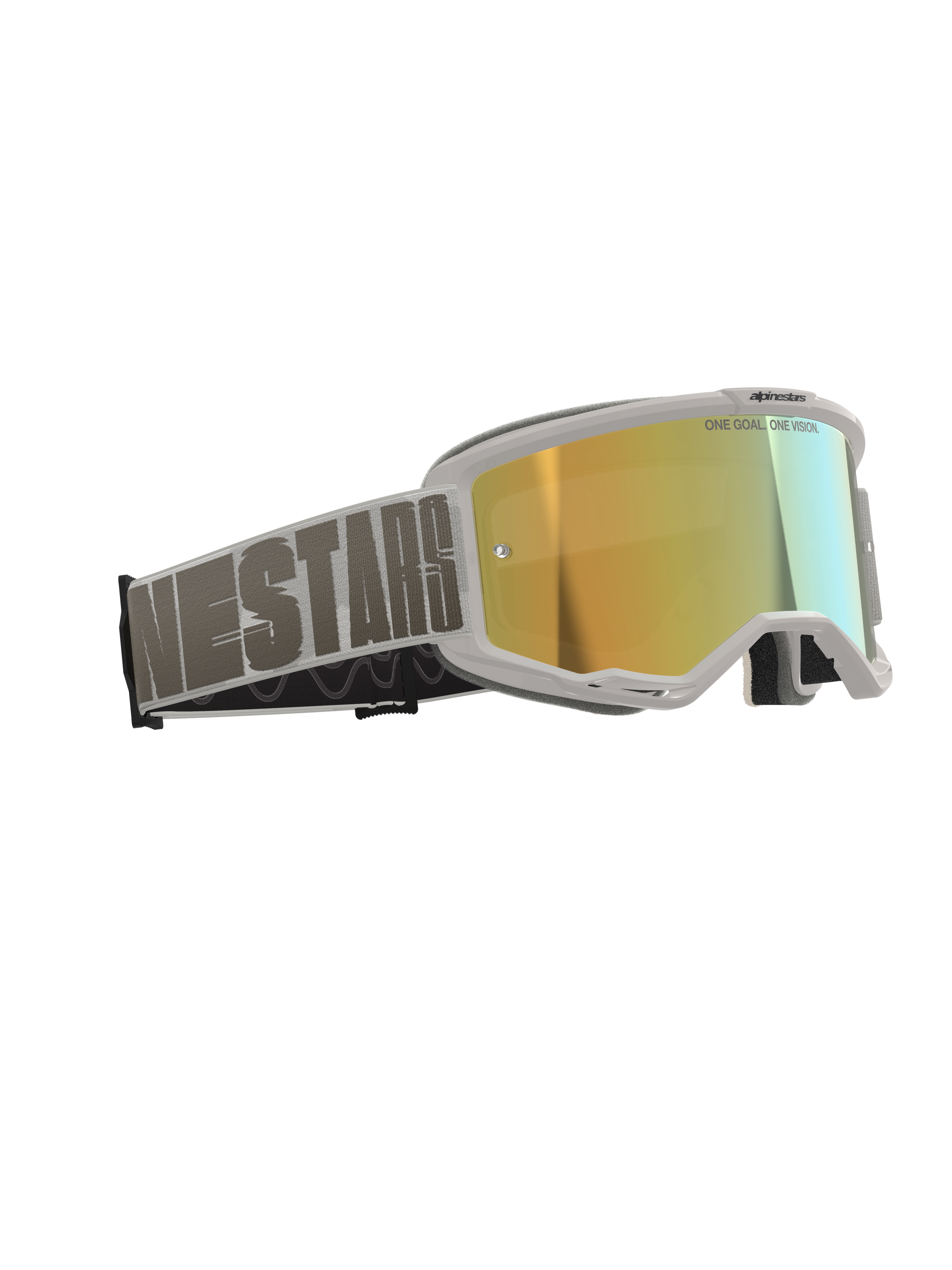 Alpinestars Vision 5 Hollow crossbril, motorcrossbril, wit frame met Wind Mirror Gold reflecterende lens, grijze geweven band met opvallende Alpinestars-typografie, voorzien van "One Goal. One Vision." tekst op de lens, professionele off-road racebril