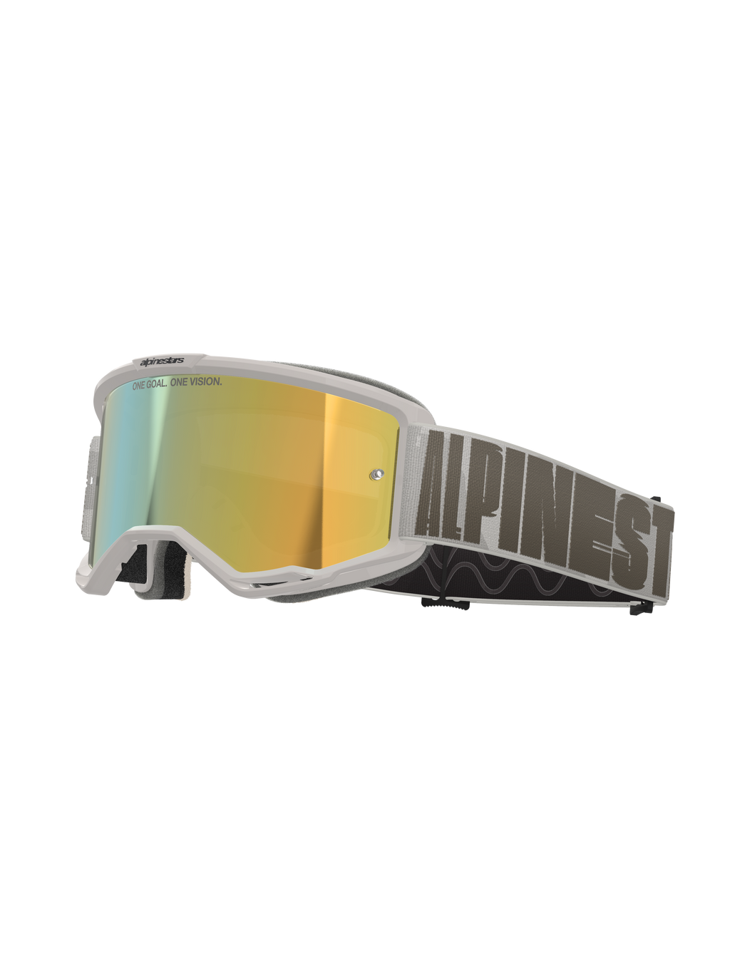 Alpinestars Vision 5 Hollow Goggles, motorcrossbril, wit frame met Wind Mirror Gold lens, grijze geweven band met opvallende Alpinestars-branding, hoogwaardige oogbescherming voor off-road racen