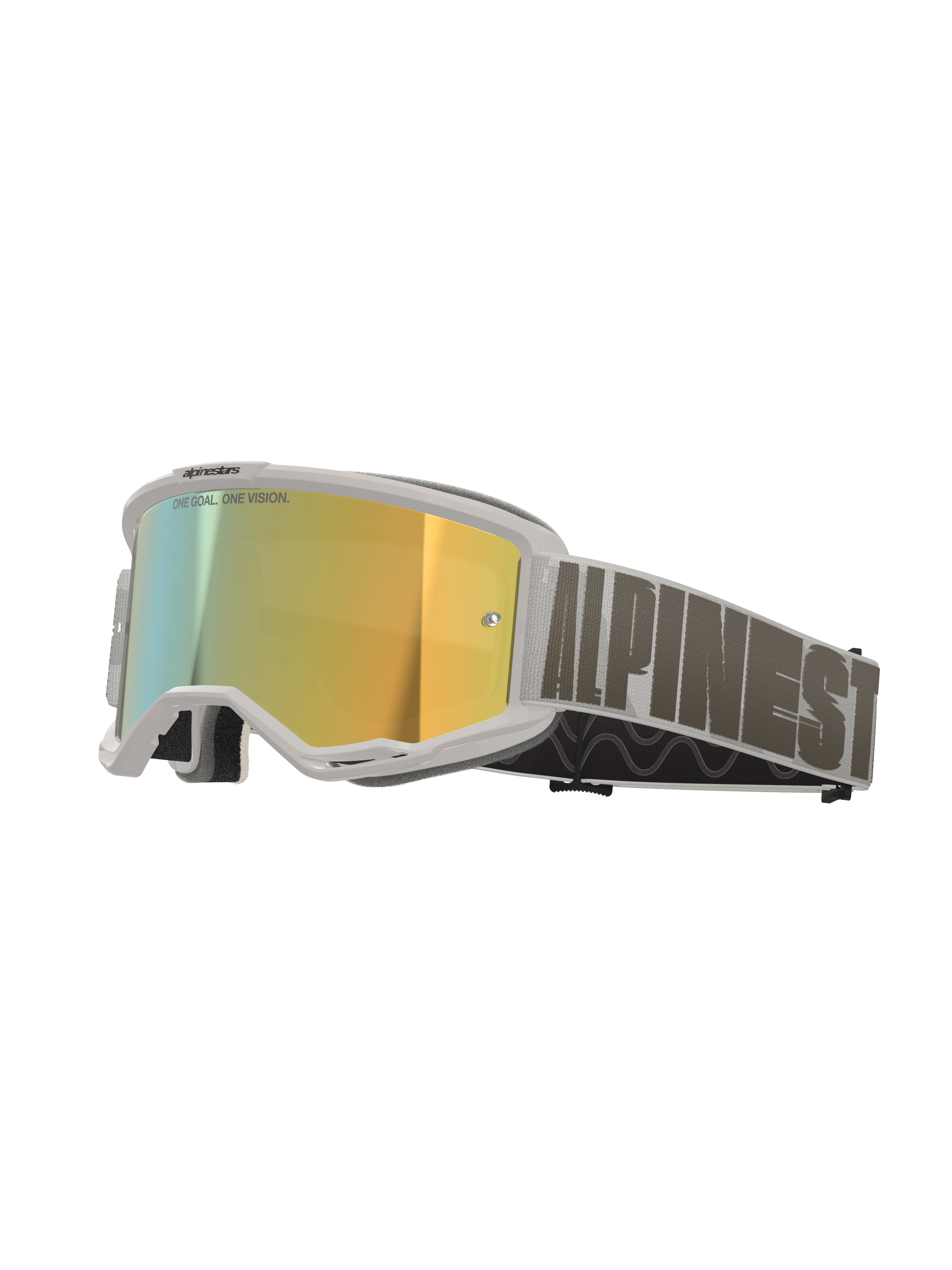 Alpinestars Vision 5 Hollow Goggles, motorcrossbril, wit frame met Wind Mirror Gold lens, grijze geweven band met opvallende Alpinestars-branding, hoogwaardige oogbescherming voor off-road racen