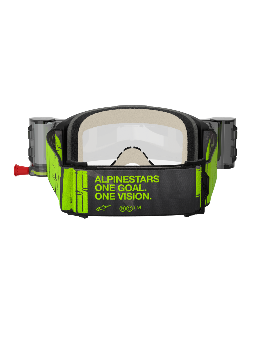 Alpinestars Vision 5 Hollow Goggles Roll Off, motorcrossbril, antraciet en fluoriserend geel, achteraanzicht van de brede geweven band met 'ALPINESTARS ONE GOAL. ONE VISION.' slogan in neongeel, dik meerlaags gezichtsschuim, roll-off systeem reservoirs