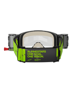 Alpinestars Vision 5 Hollow Goggles Roll Off, motorcrossbril, antraciet en fluoriserend geel, achteraanzicht van de brede geweven band met 'ALPINESTARS ONE GOAL. ONE VISION.' slogan in neongeel, dik meerlaags gezichtsschuim, roll-off systeem reservoirs