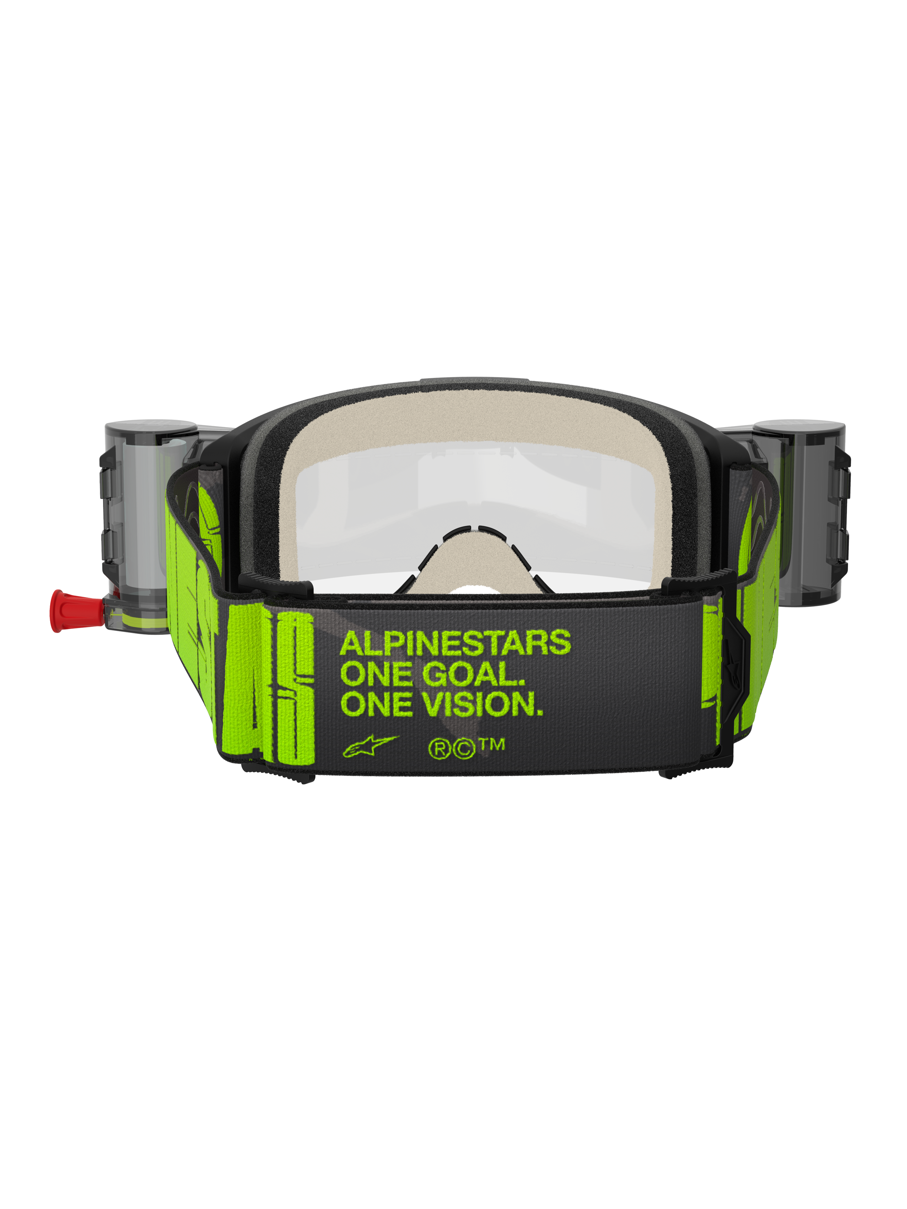 Alpinestars Vision 5 Hollow Goggles Roll Off, motorcrossbril, antraciet en fluoriserend geel, achteraanzicht van de brede geweven band met 'ALPINESTARS ONE GOAL. ONE VISION.' slogan in neongeel, dik meerlaags gezichtsschuim, roll-off systeem reservoirs