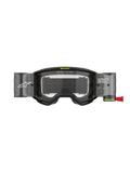 Alpinestars Vision 5 Hollow Roll-Off crossbril, motorcrossbril, antraciet en fluogeel, voorzien van een helder roll-off lenssysteem met doorschijnende canisters, rode treklip, witte branding en 'ONE GOAL. ONE VISION.' tekst, ontworpen voor off-road racen