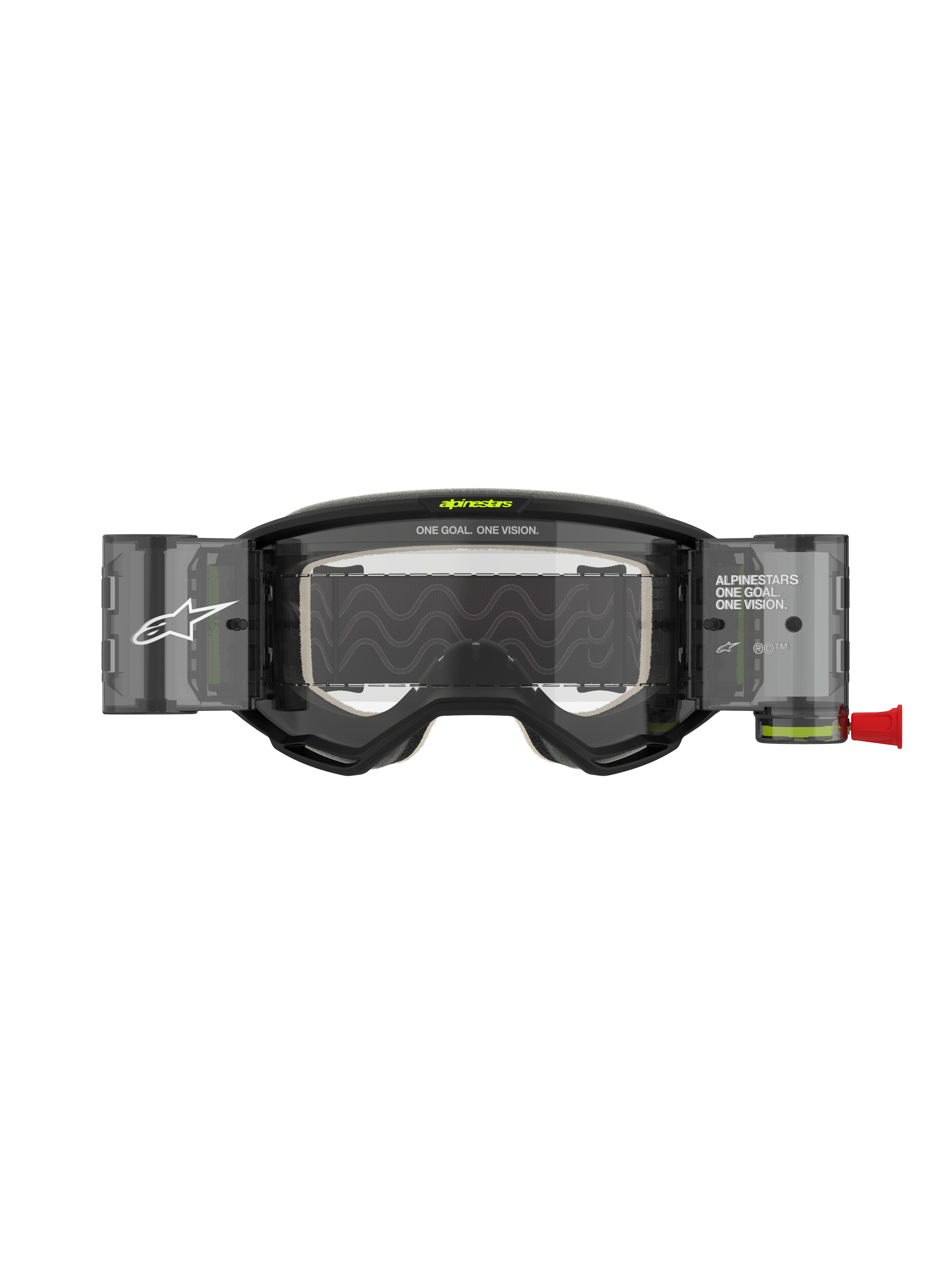 Alpinestars Vision 5 Hollow Roll-Off crossbril, motorcrossbril, antraciet en fluogeel, voorzien van een helder roll-off lenssysteem met doorschijnende canisters, rode treklip, witte branding en 'ONE GOAL. ONE VISION.' tekst, ontworpen voor off-road racen