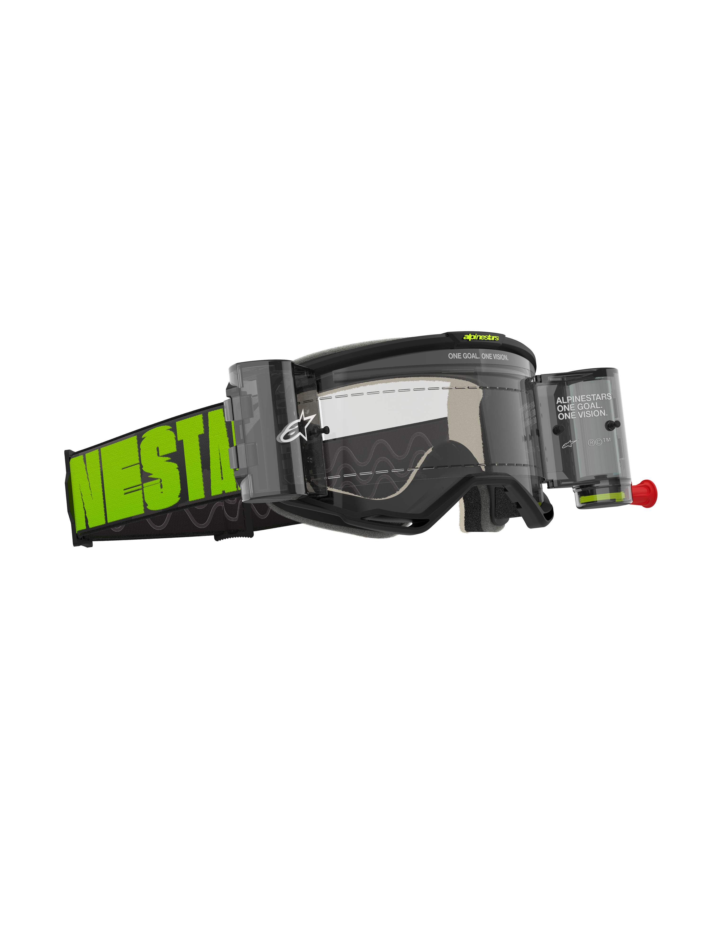 Alpinestars Vision 5 Hollow Goggles Roll Off, motorcrossbril, antraciet en fluogeel, heldere lens met geïntegreerde roll-off canisters, brede geweven band met opvallende neongroene branding, A-FLEX frame en meerlaags gezichtsschuim voor off-road prestaties