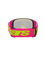 Alpinestars Vision 5 Wordmark Goggles, motorcrossbril, roze en fluogeel, achteraanzicht met de nadruk op de brede roze geweven band met geel Alpinestars-woordmerk, meerlaags gezichtsschuim en lichtgewicht urethaan frame