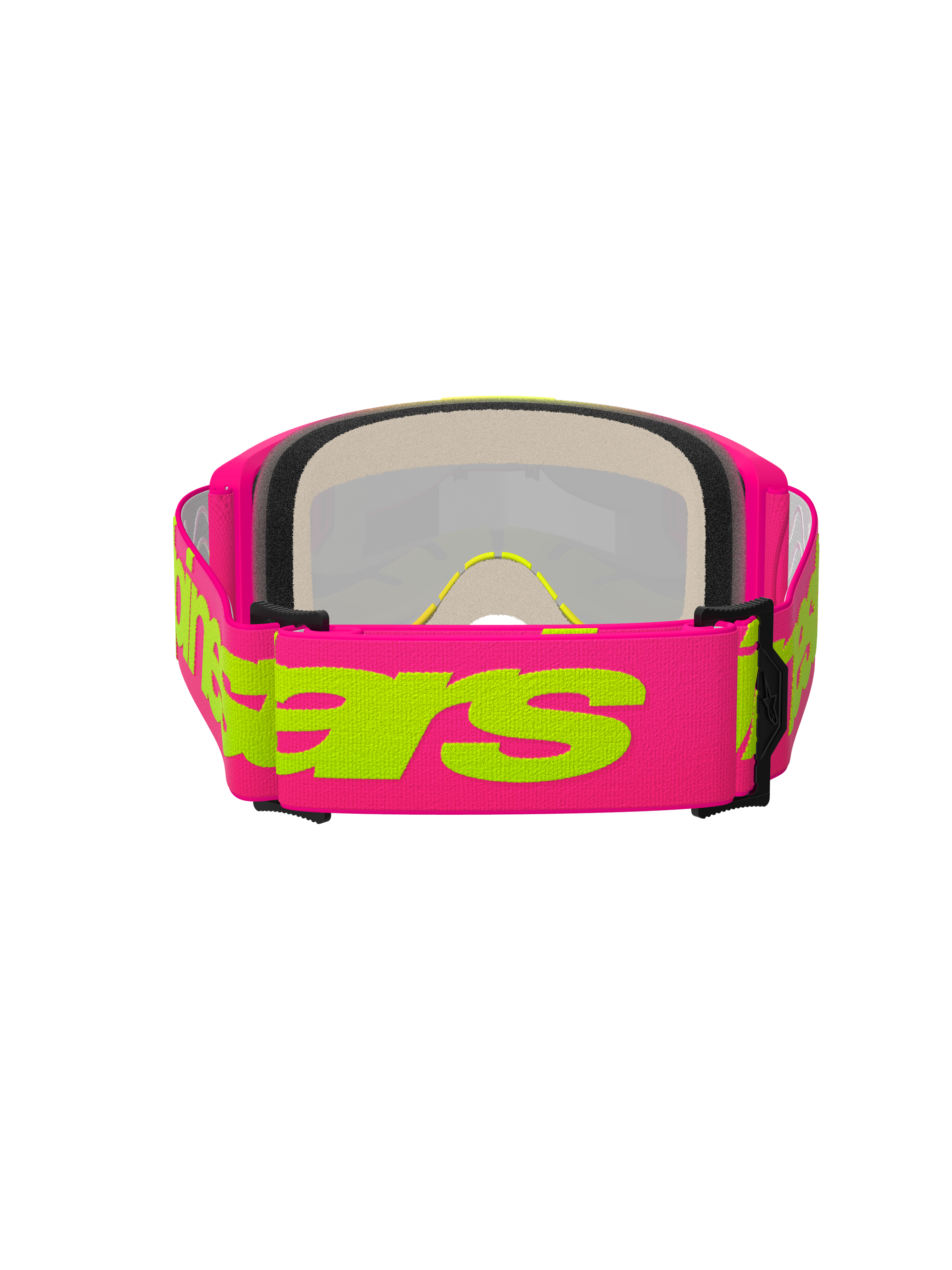Alpinestars Vision 5 Wordmark Goggles, motorcrossbril, roze en fluogeel, achteraanzicht met de nadruk op de brede roze geweven band met geel Alpinestars-woordmerk, meerlaags gezichtsschuim en lichtgewicht urethaan frame