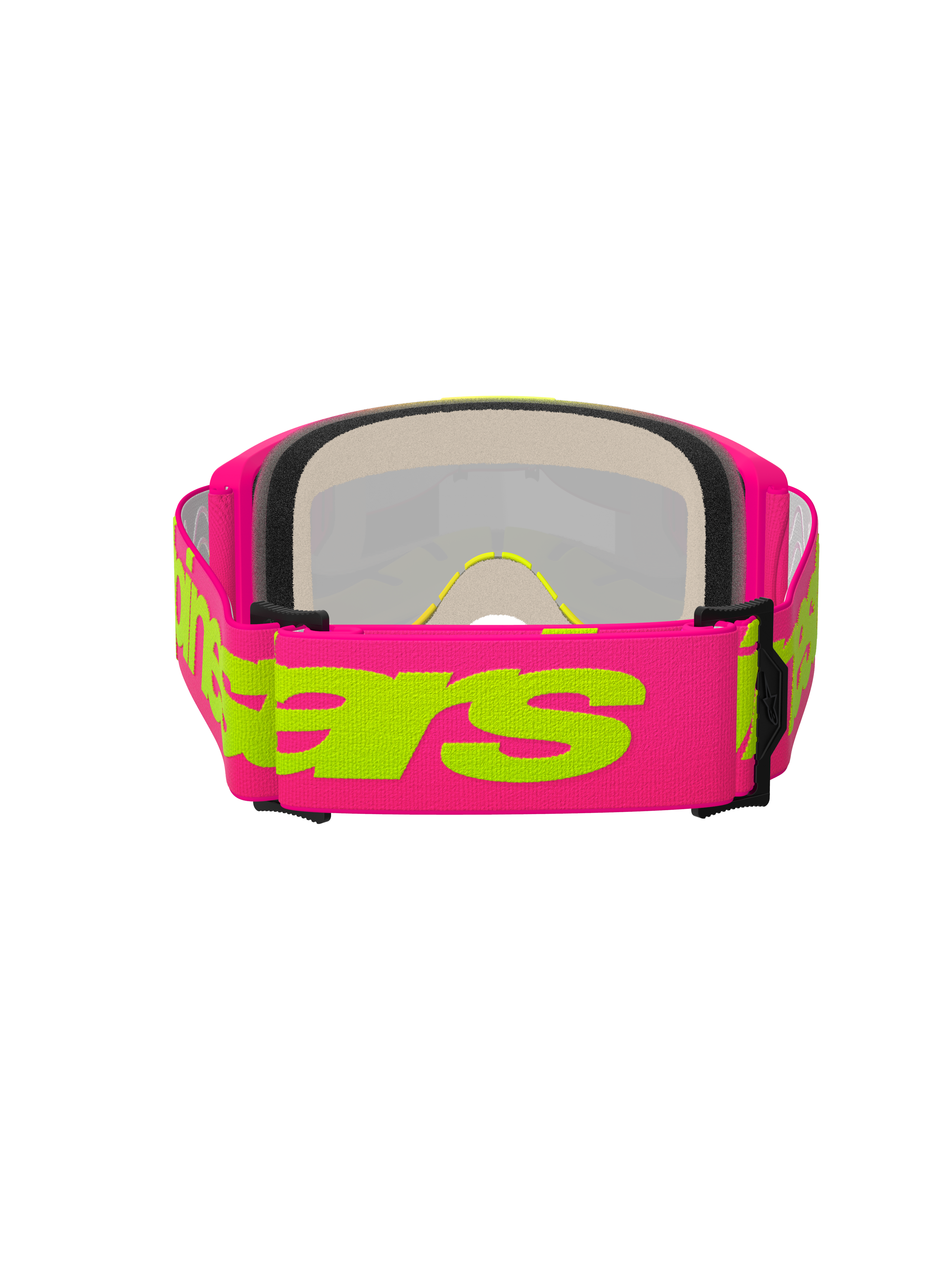 Alpinestars Vision 5 Wordmark Goggles, motorcrossbril, roze en fluogeel, achteraanzicht met de nadruk op de brede roze geweven band met geel Alpinestars-woordmerk, meerlaags gezichtsschuim en lichtgewicht urethaan frame