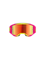 Alpinestars Vision 5 Wordmark Goggles, motocrossbril, roze en fluo geel frame met rode spiegelende lens, voorzien van opvallende branding en de tekst "One Goal. One Vision." op de lens, hoogwaardige off-road oogbescherming