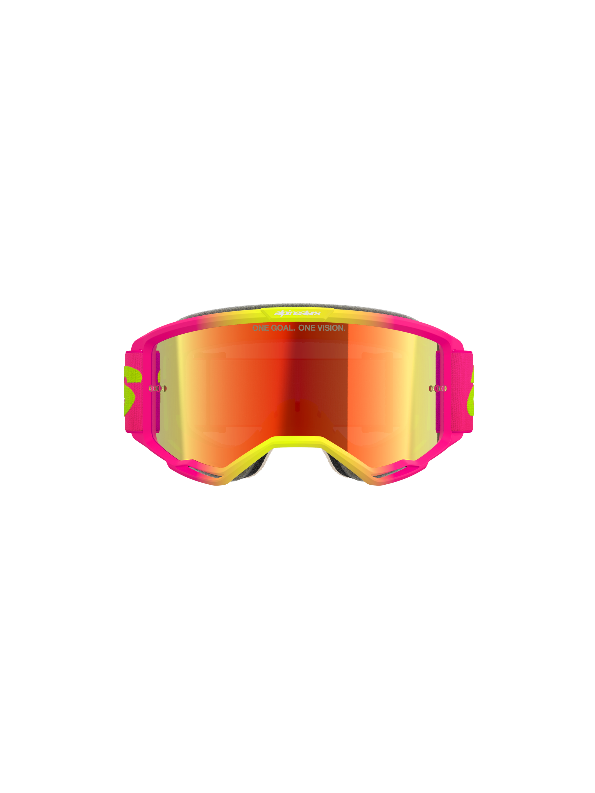 Alpinestars Vision 5 Wordmark Goggles, motocrossbril, roze en fluo geel frame met rode spiegelende lens, voorzien van opvallende branding en de tekst "One Goal. One Vision." op de lens, hoogwaardige off-road oogbescherming