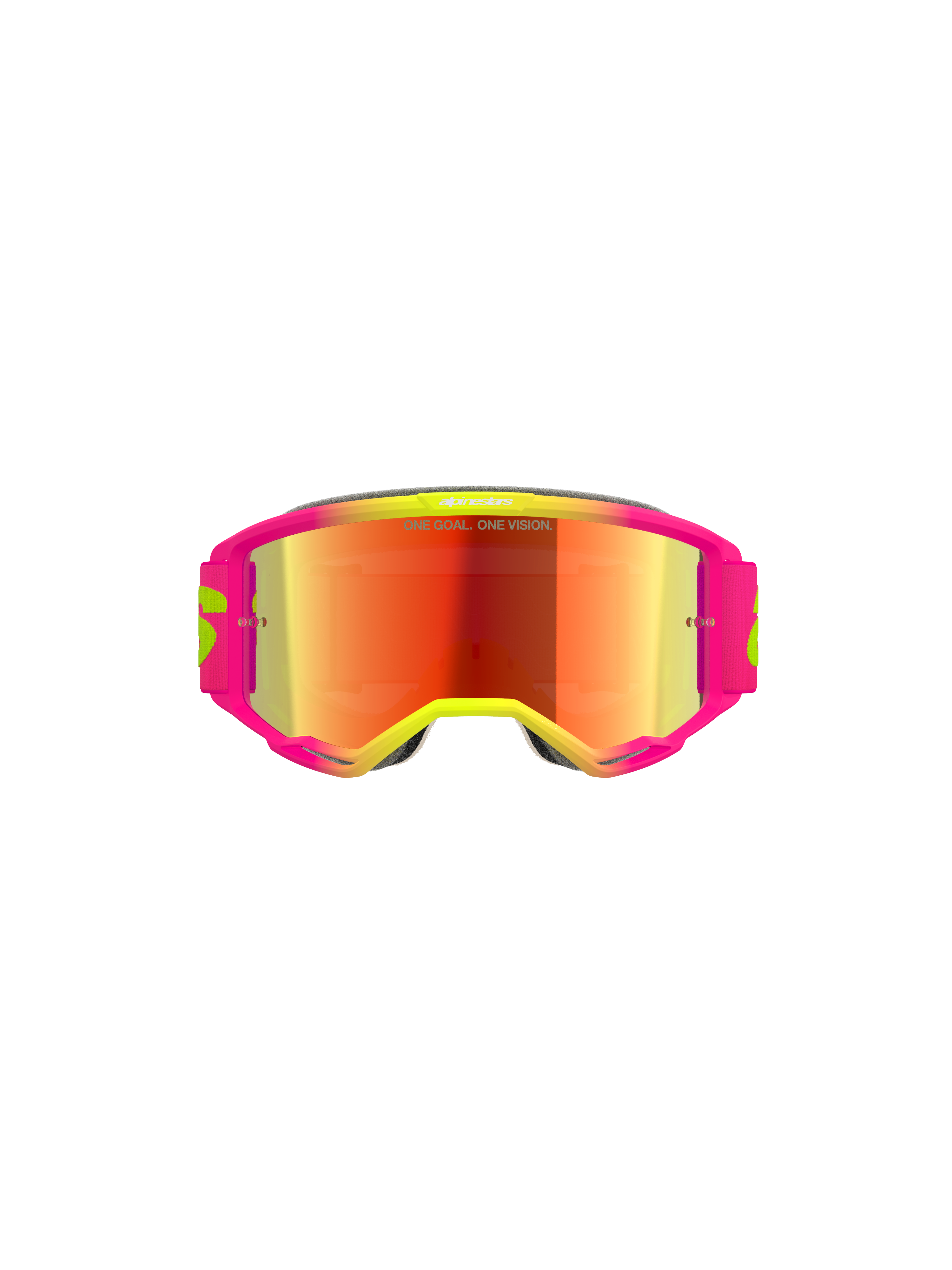 Alpinestars Vision 5 Wordmark Goggles, motocrossbril, roze en fluo geel frame met rode spiegelende lens, voorzien van opvallende branding en de tekst "One Goal. One Vision." op de lens, hoogwaardige off-road oogbescherming