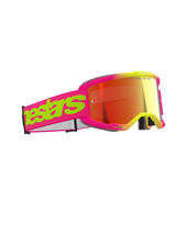 Alpinestars Vision 5 Wordmark Goggles, motorcrossbril, roze en fluorescerend geel met rode spiegelende lens, opvallend merklogo op de band, flexibel frame, hoogwaardige oogbescherming voor off-road racen