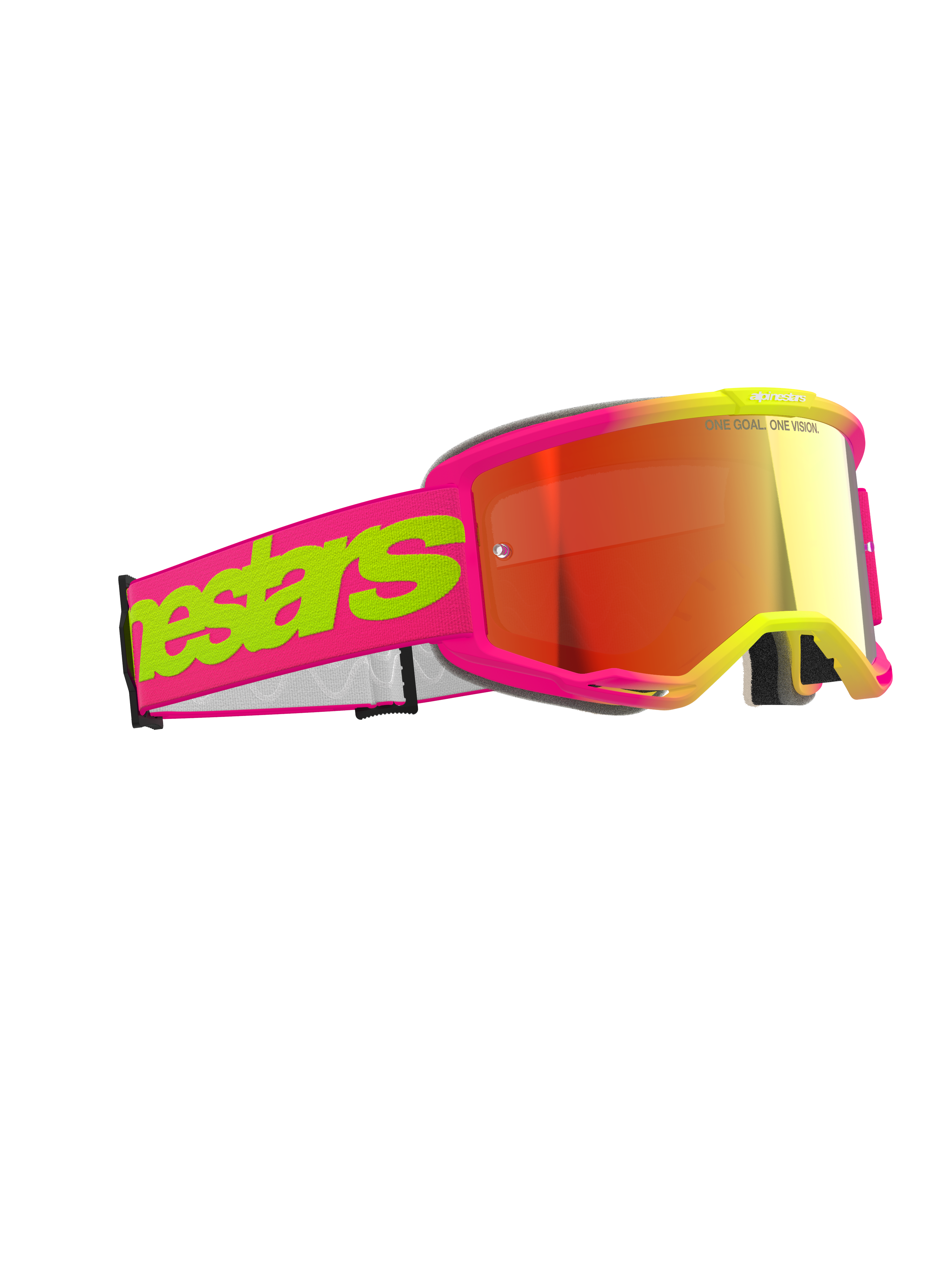 Alpinestars Vision 5 Wordmark Goggles, motorcrossbril, roze en fluorescerend geel met rode spiegelende lens, opvallend merklogo op de band, flexibel frame, hoogwaardige oogbescherming voor off-road racen