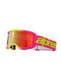 Alpinestars Vision 5 Wordmark Goggles, motorcrossbril, roze fluo en geel, rode spiegelende lens, brede roze band met opvallend limegroen woordmerk, sportief design voor off-road racing