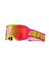 Alpinestars Vision 5 Wordmark Goggles, motorcrossbril, roze fluo en geel, rode spiegelende lens, brede roze band met opvallend limegroen woordmerk, sportief design voor off-road racing