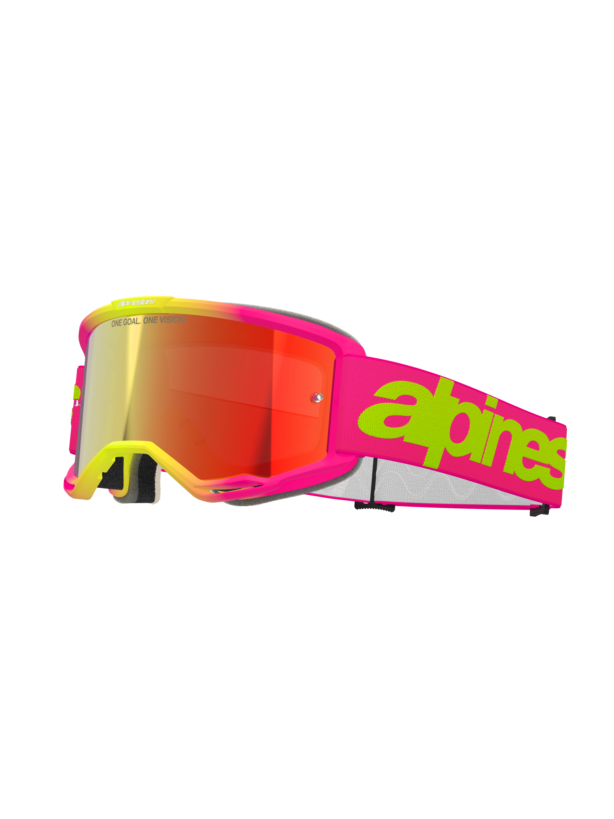 Alpinestars Vision 5 Wordmark Goggles, motorcrossbril, roze fluo en geel, rode spiegelende lens, brede roze band met opvallend limegroen woordmerk, sportief design voor off-road racing