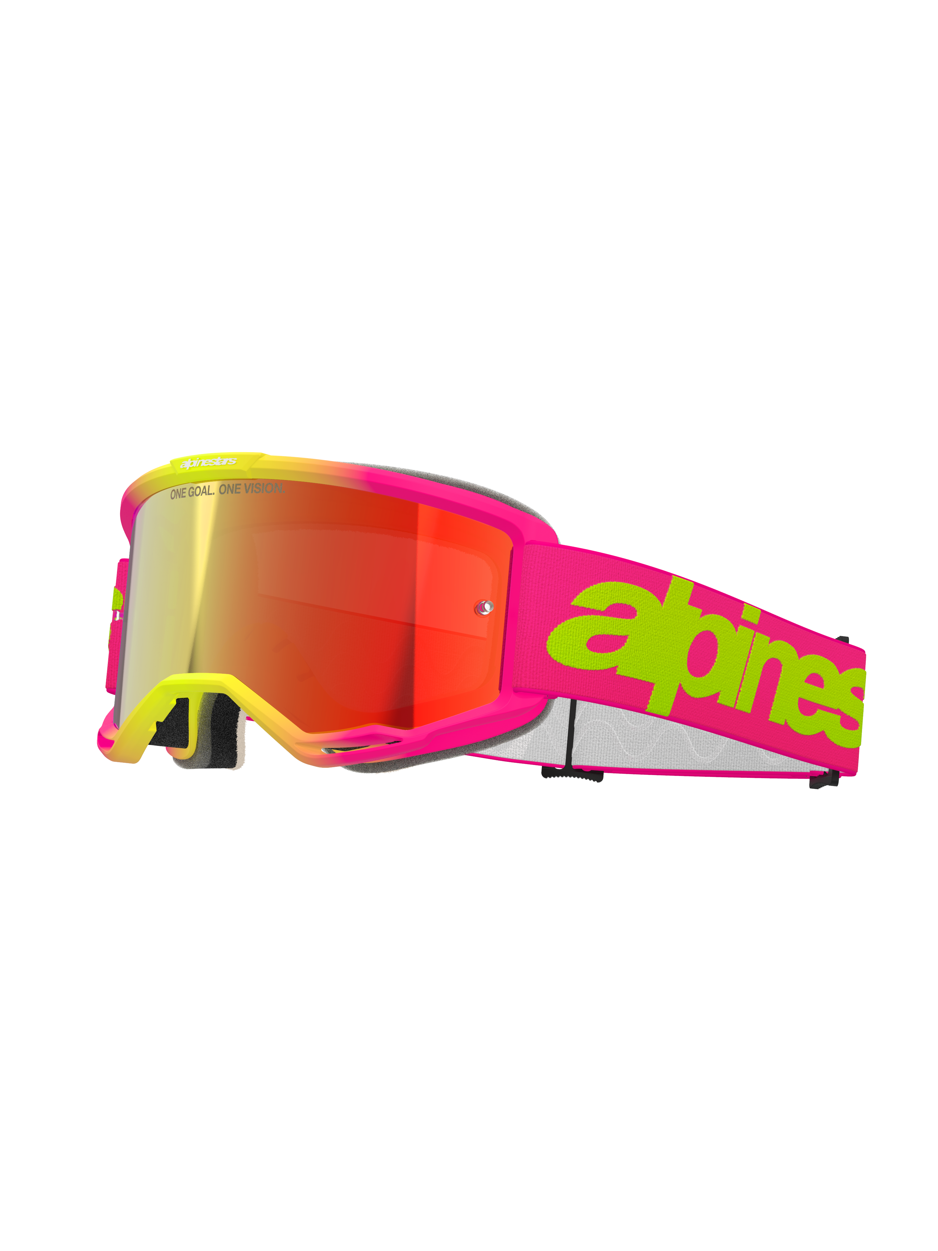 Alpinestars Vision 5 Wordmark Goggles, motorcrossbril, roze fluo en geel, rode spiegelende lens, brede roze band met opvallend limegroen woordmerk, sportief design voor off-road racing