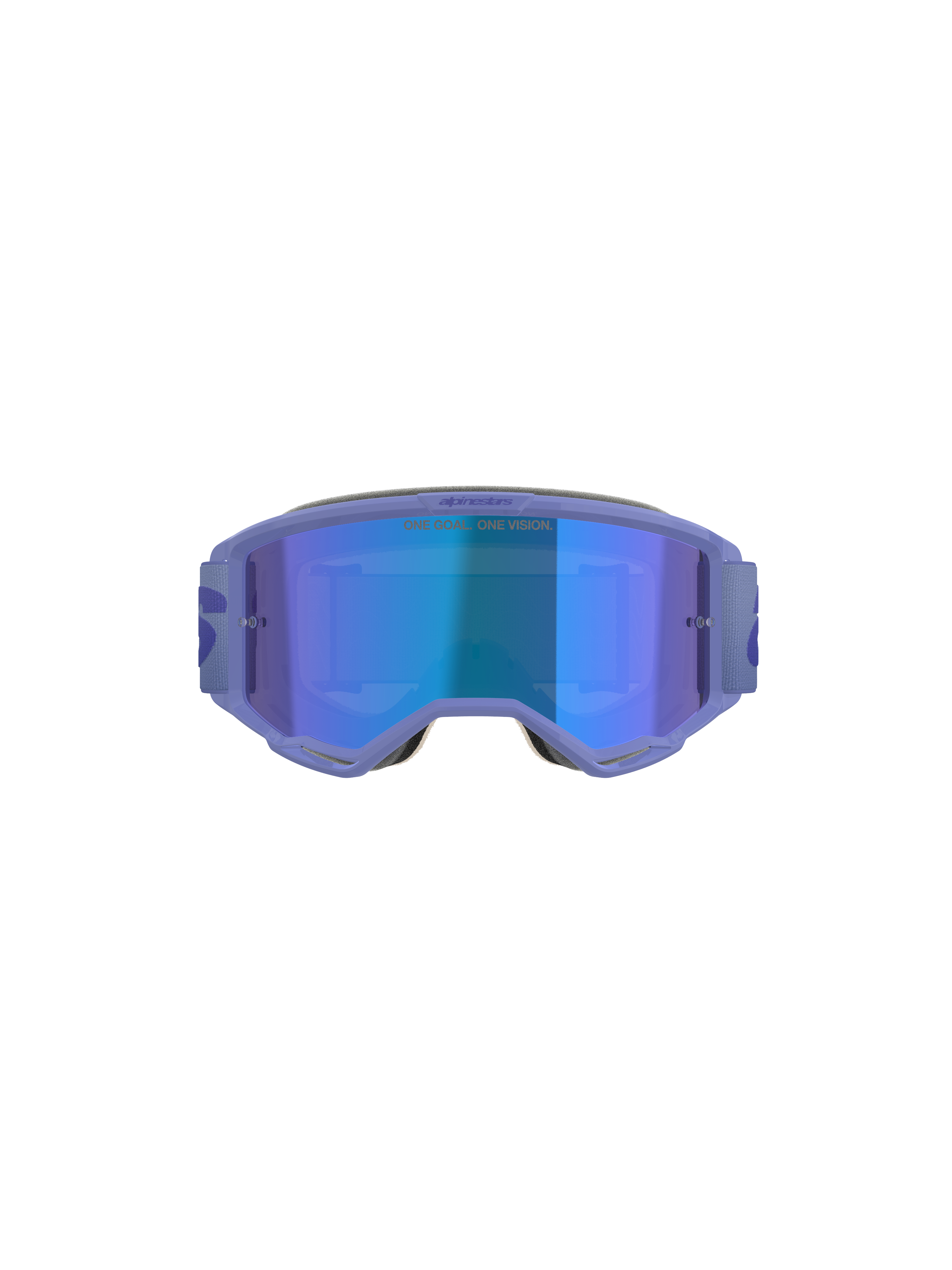 Alpinestars Vision 5 Wordmark Goggles, Motocross Goggles, Purple with Blue Mirrored Lens, front-facing view featuring a wide field of vision, adjustable strap, and bold branding