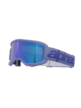 Alpinestars Vision 5 Wordmark Goggles, Motocross Goggles, Purple Mirror Blue, featuring a purple frame and blue mirrored lens, wide purple woven strap with dark blue wordmark, professional off-road eye protection.
