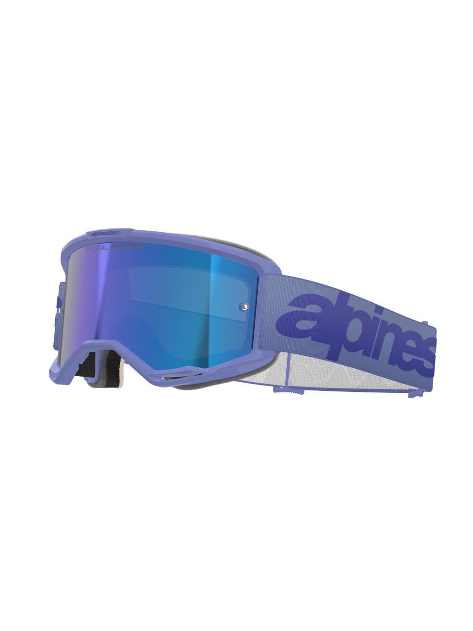 Alpinestars Vision 5 Wordmark Goggles, motorcrossbril, Purple Mirror Blue, voorzien van een paars frame en blauwe spiegelende lens, brede paarse geweven band met donkerblauw woordmerk, professionele off-road oogbescherming