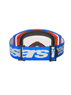 Alpinestars Vision 8 Wordmark goggles, motorcross bril, blauw en oranje met heldere lens, brede blauwe band met witte Alpinestars-branding, hoogwaardige oogbescherming voor off-road racen