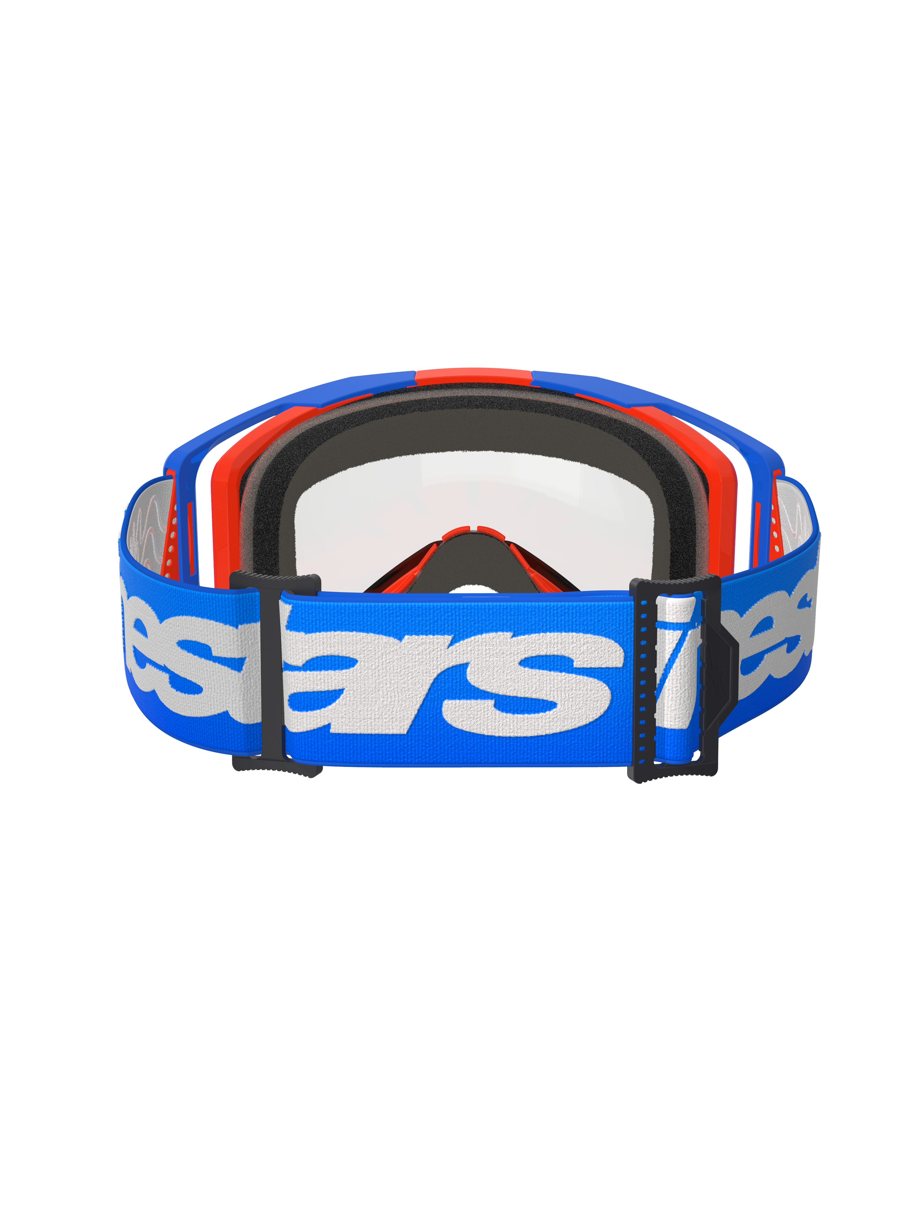Alpinestars Vision 8 Wordmark goggles, motorcross bril, blauw en oranje met heldere lens, brede blauwe band met witte Alpinestars-branding, hoogwaardige oogbescherming voor off-road racen