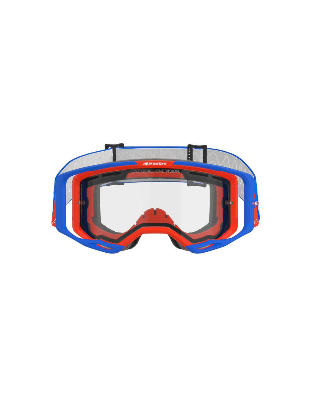 Alpinestars Vision 8 Wordmark Goggles Dual Pane, motorcrossbril, blauw en oranje met heldere lens, vooraanzicht met het A-FLEX frame en dubbele lens, voorzien van "ONE GOAL. ONE VISION." slogan op de bovenrand, hoogwaardige off-road race-uitrusting