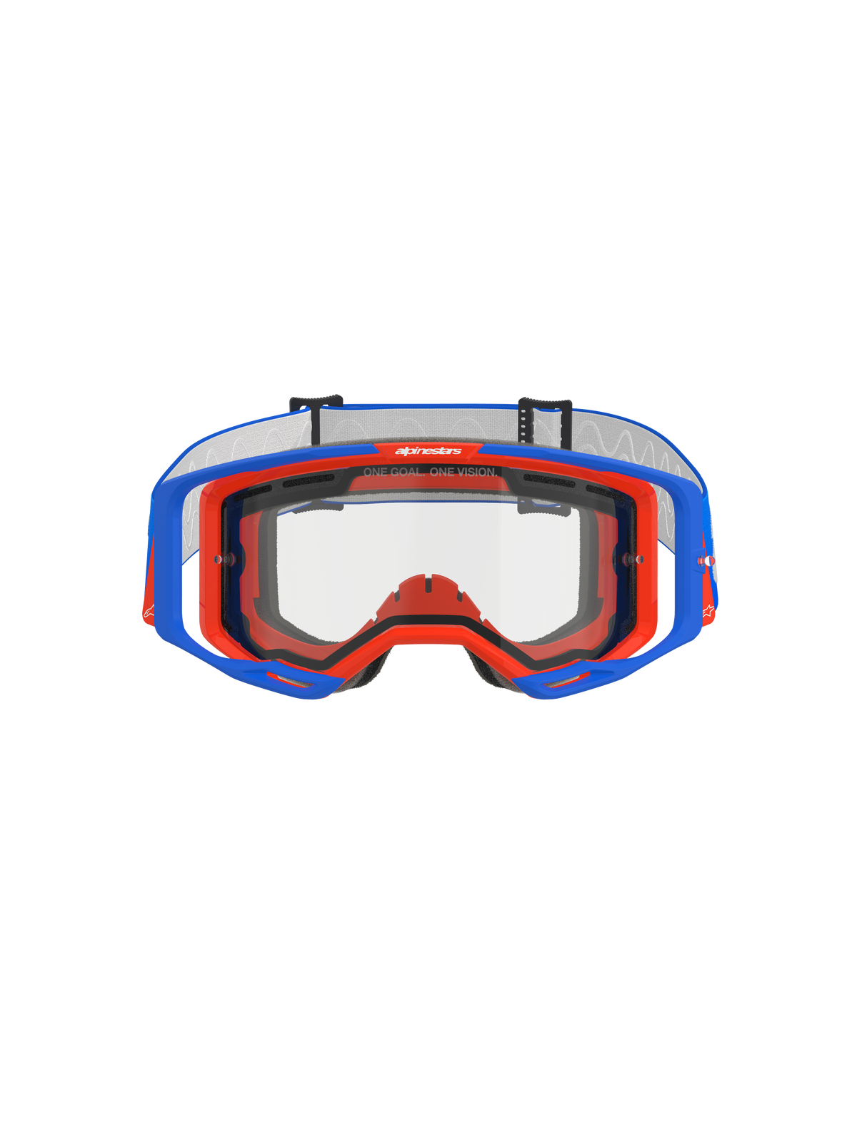 Alpinestars Vision 8 Wordmark Goggles Dual Pane, motorcrossbril, blauw en oranje met heldere lens, vooraanzicht met het A-FLEX frame en dubbele lens, voorzien van "ONE GOAL. ONE VISION." slogan op de bovenrand, hoogwaardige off-road race-uitrusting