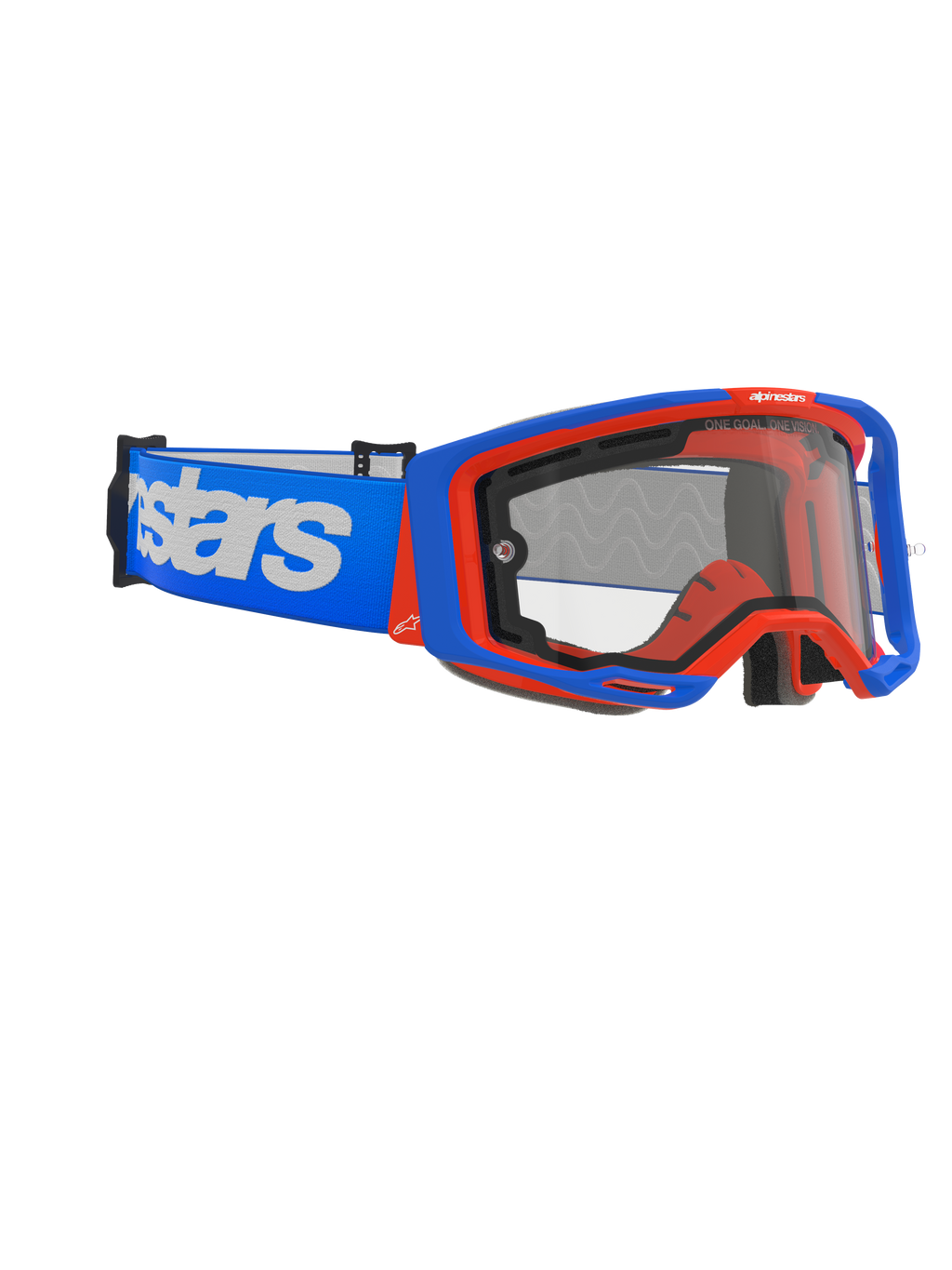 Alpinestars Vision 8 Wordmark motorcrossbril Dual Pane, motorcrossbril, blauw en oranje met heldere lens, brede blauwe band met opvallend wit woordmerk, ergonomisch ontwerp voor off-road racing.