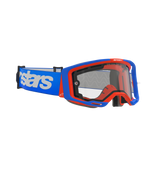 Alpinestars Vision 8 Wordmark motorcrossbril Dual Pane, motorcrossbril, blauw en oranje met heldere lens, brede blauwe band met opvallend wit woordmerk, ergonomisch ontwerp voor off-road racing.