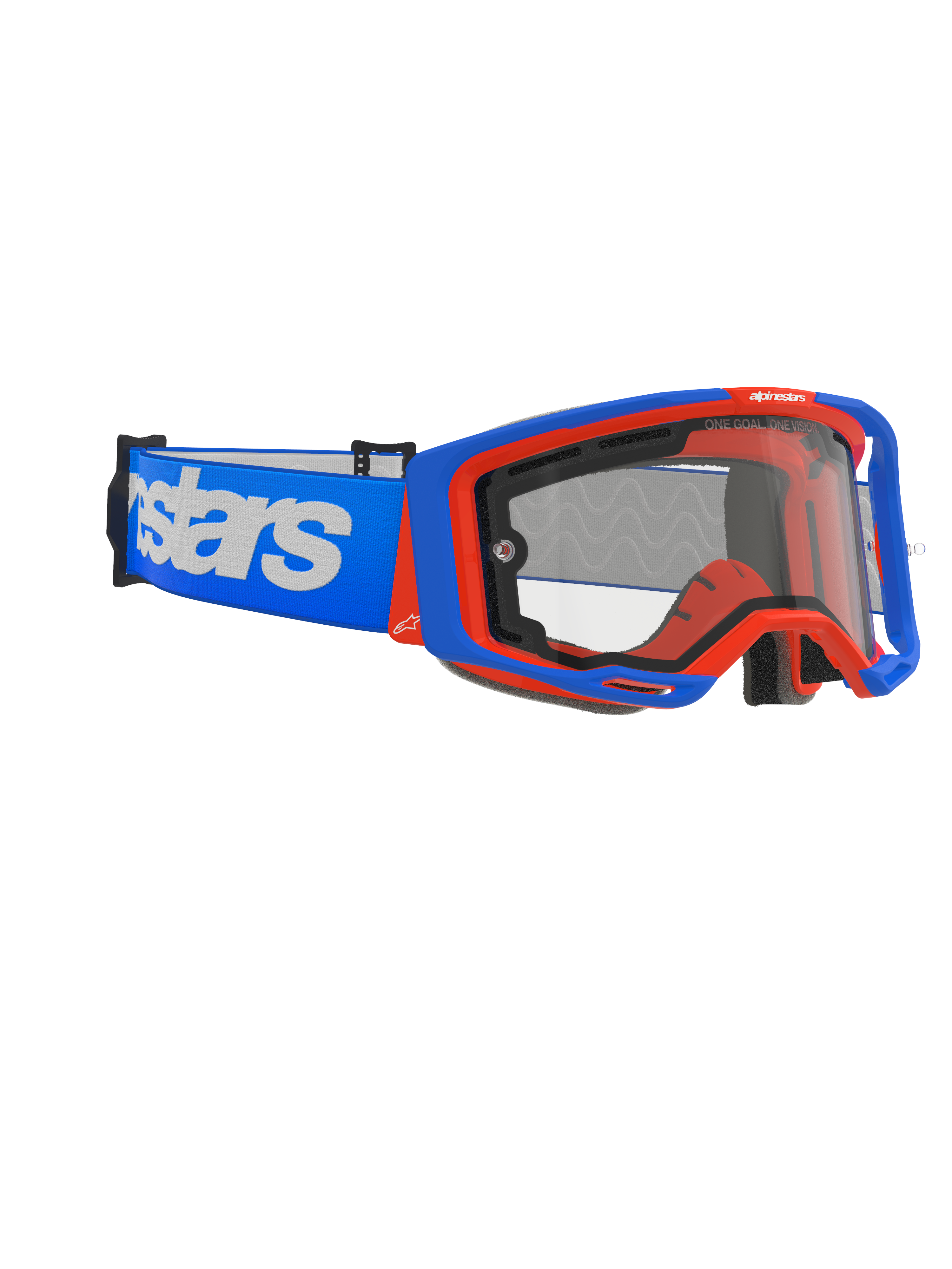 Alpinestars Vision 8 Wordmark motorcrossbril Dual Pane, motorcrossbril, blauw en oranje met heldere lens, brede blauwe band met opvallend wit woordmerk, ergonomisch ontwerp voor off-road racing.