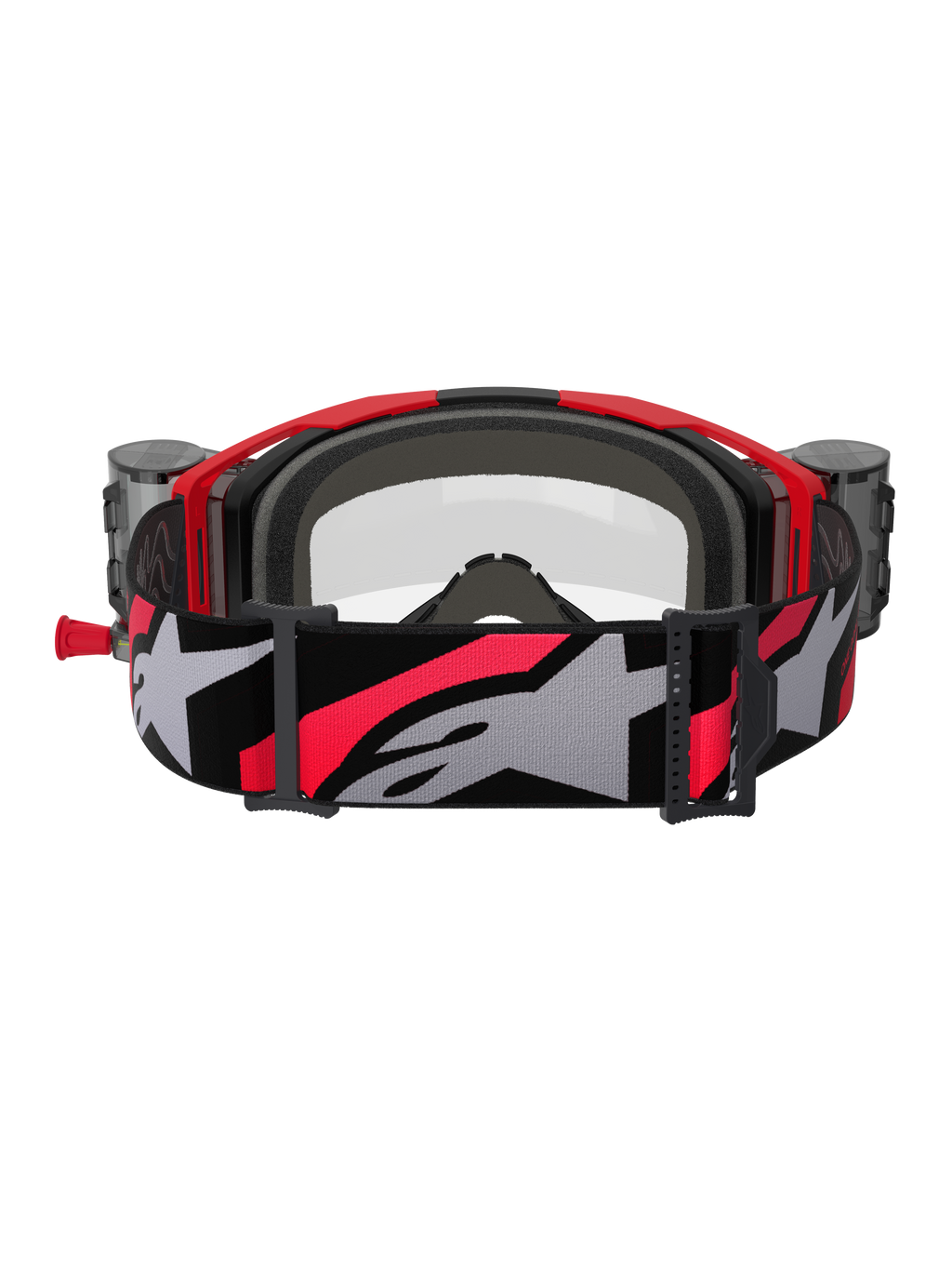 Alpinestars Vision 8 Luar motorcrossbril met roll-off systeem, rood, zwart en helder, achteraanzicht met grijs gezichtsschuim aan de binnenzijde, roll-off canisters aan de zijkanten en een brede verstelbare band met een groot grijs Alpinestars-logo en rode accenten.