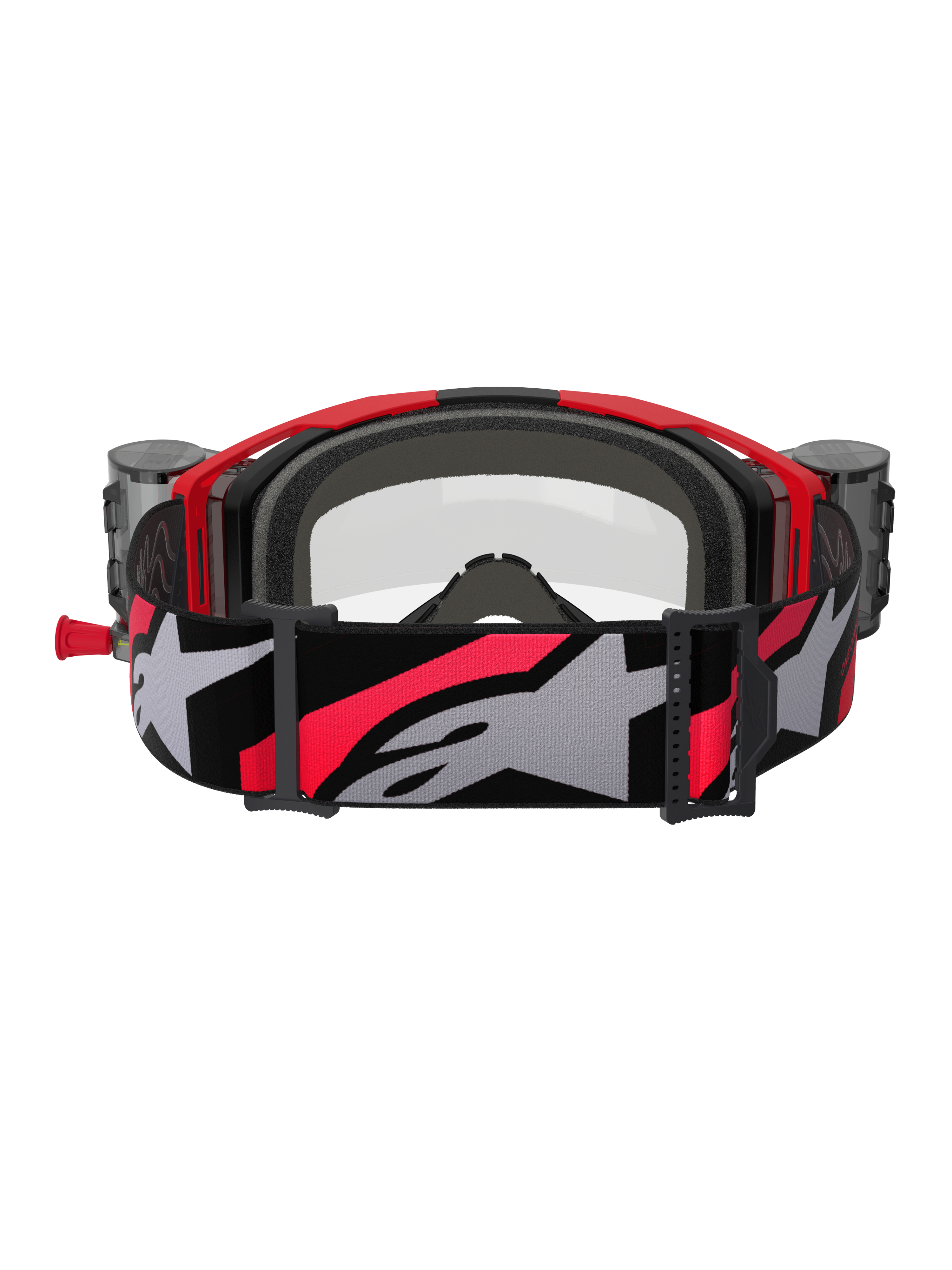 Alpinestars Vision 8 Luar motorcrossbril met roll-off systeem, rood, zwart en helder, achteraanzicht met grijs gezichtsschuim aan de binnenzijde, roll-off canisters aan de zijkanten en een brede verstelbare band met een groot grijs Alpinestars-logo en rode accenten.