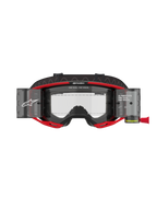 Alpinestars Vision 8 Luar Roll-Off motorbril, motorcross bril, rood en zwart, voorzien van een heldere lens met geïntegreerde roll-off systeem canisters, opvallende Alpinestars branding met "ONE GOAL. ONE VISION." tekst, ontworpen voor optimaal zicht tijdens off-road races