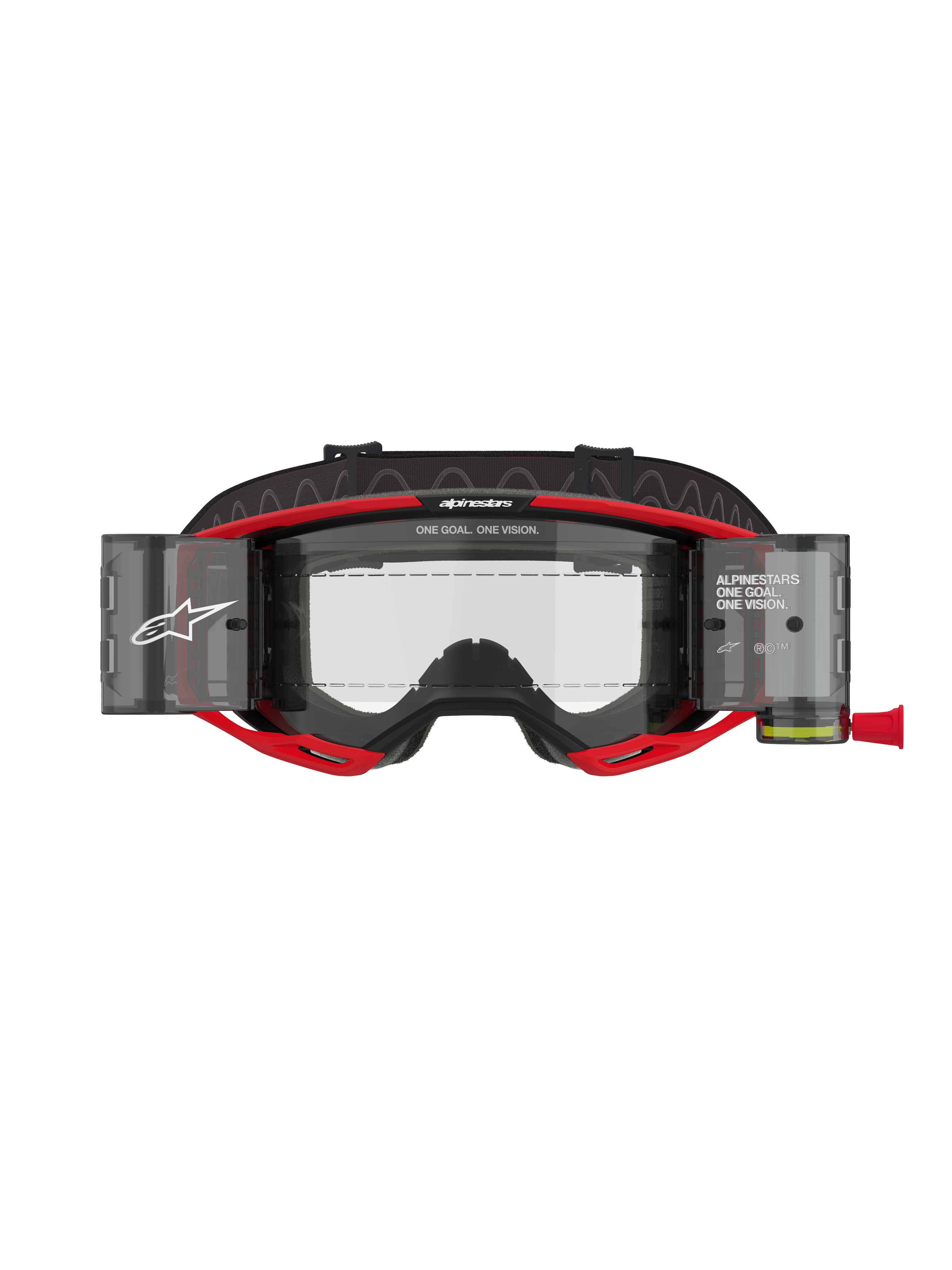 Alpinestars Vision 8 Luar Roll-Off motorbril, motorcross bril, rood en zwart, voorzien van een heldere lens met geïntegreerde roll-off systeem canisters, opvallende Alpinestars branding met "ONE GOAL. ONE VISION." tekst, ontworpen voor optimaal zicht tijdens off-road races