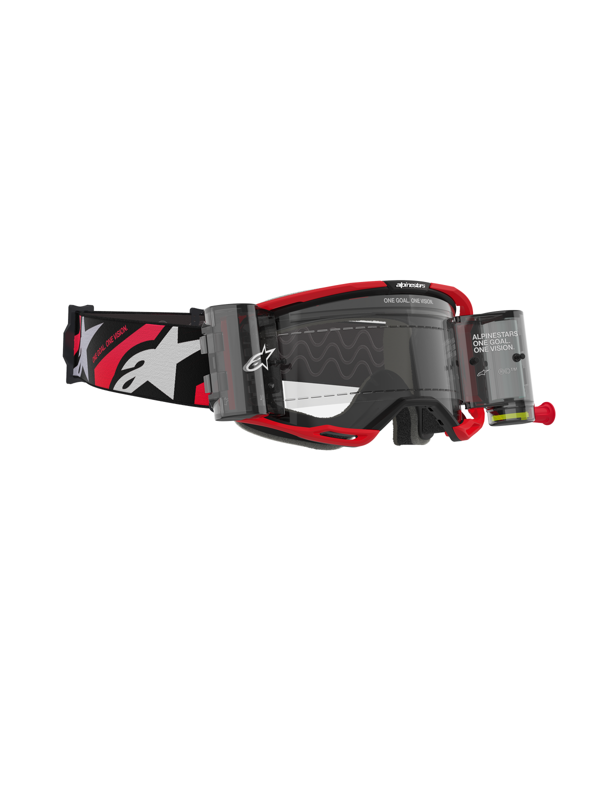Alpinestars Vision 8 Luar Roll Off crossbril, motorcrossbril, rood en zwart frame met heldere lens, voorzien van geïntegreerd roll-off systeem en brede zwarte band met witte logo's en rode accenten