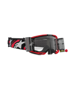 Alpinestars Vision 8 Luar Roll Off crossbril, motorcrossbril, rood en zwart frame met heldere lens, voorzien van geïntegreerd roll-off systeem en brede zwarte band met witte logo's en rode accenten