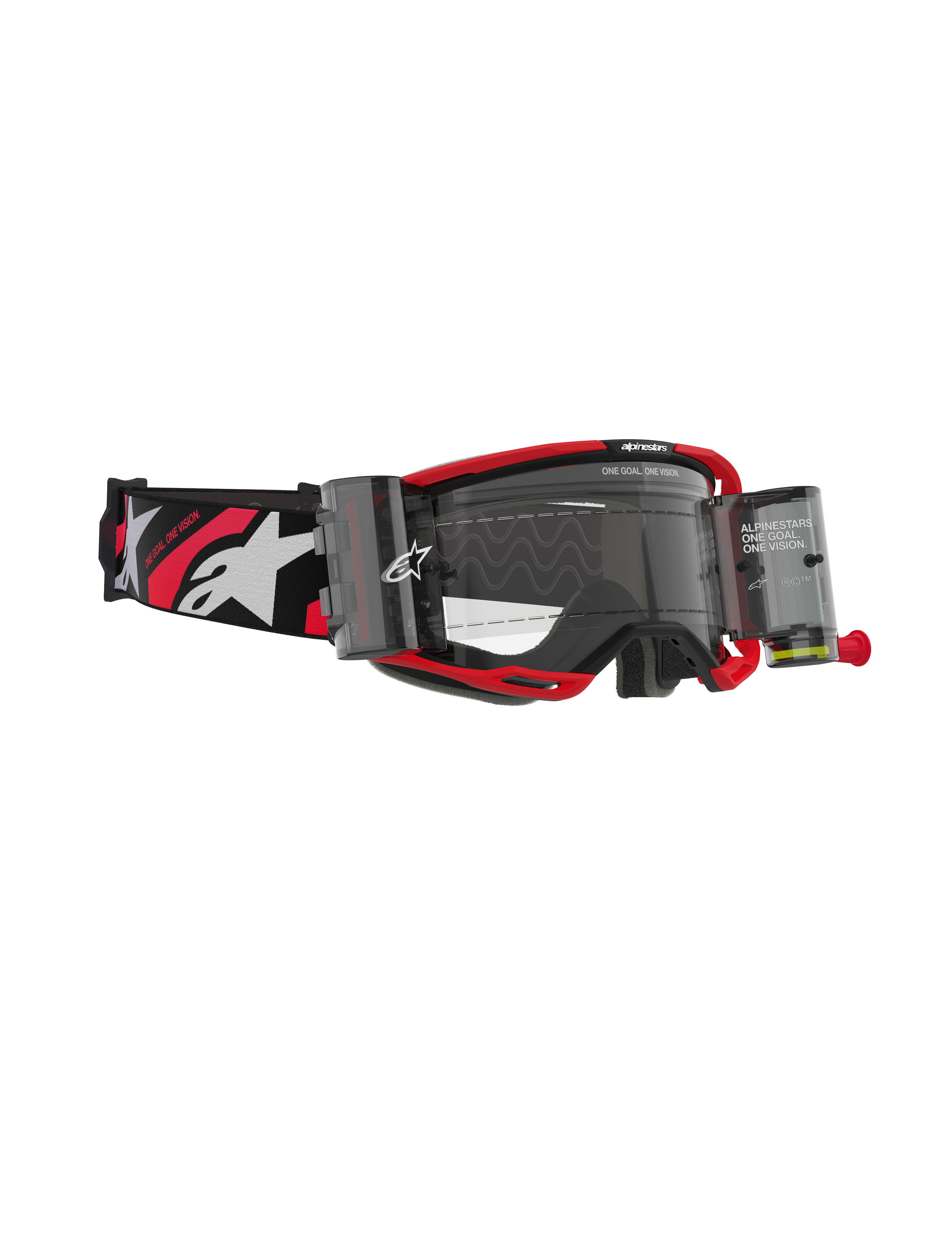 Alpinestars Vision 8 Luar Roll Off crossbril, motorcrossbril, rood en zwart frame met heldere lens, voorzien van geïntegreerd roll-off systeem en brede zwarte band met witte logo's en rode accenten