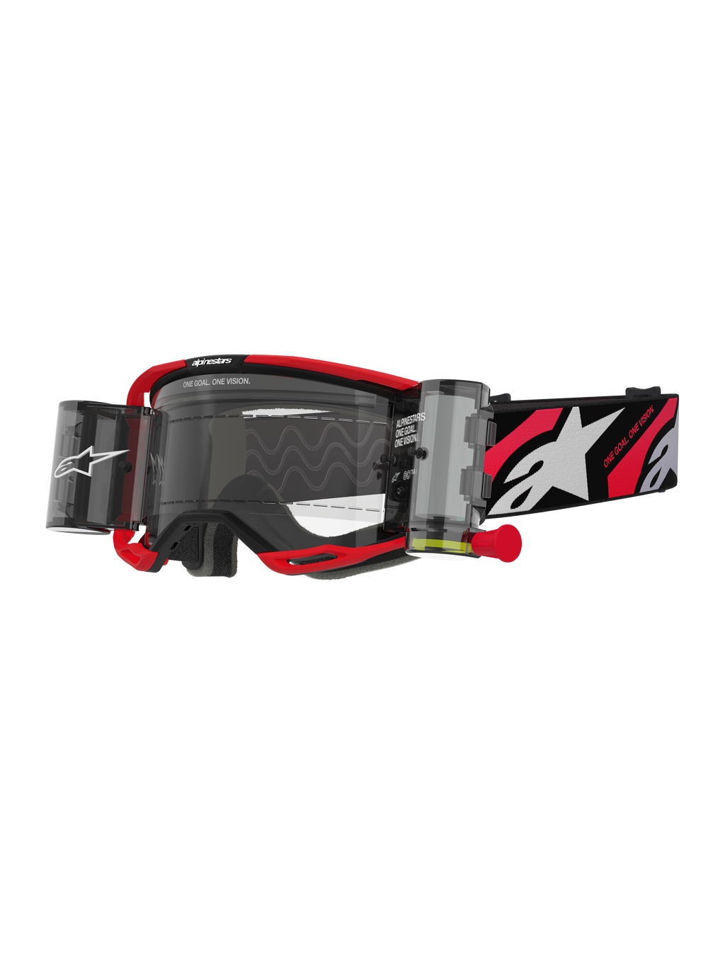 Alpinestars Vision 8 Luar crossbril met roll-off systeem, motorcrossbril, rood en zwart, heldere lens met geïntegreerd wide-vision roll-off systeem, rode trekhendel, zwarte band met wit sterlogo en 'ONE GOAL ONE VISION' graphics