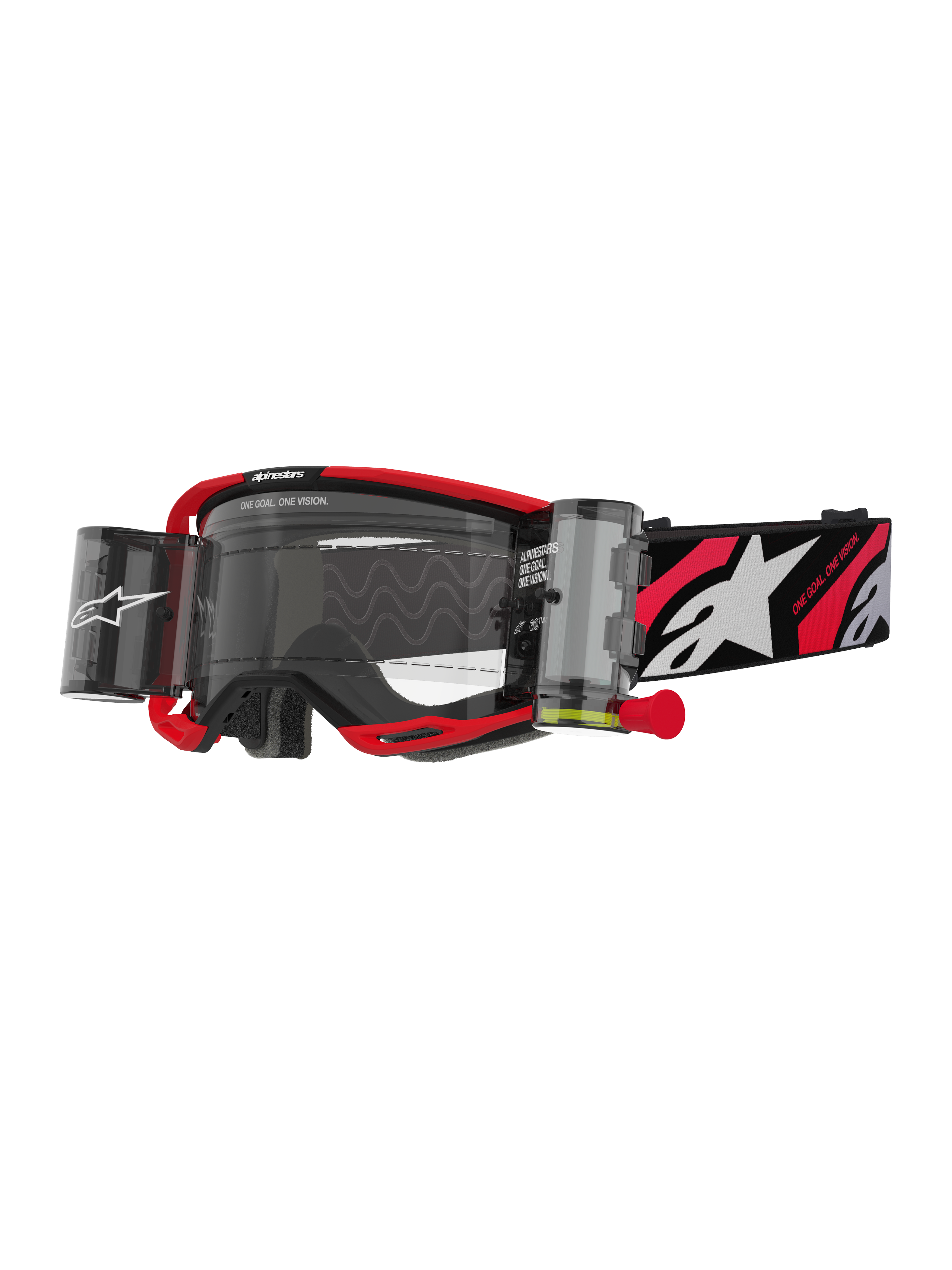 Alpinestars Vision 8 Luar crossbril met roll-off systeem, motorcrossbril, rood en zwart, heldere lens met geïntegreerd wide-vision roll-off systeem, rode trekhendel, zwarte band met wit sterlogo en 'ONE GOAL ONE VISION' graphics