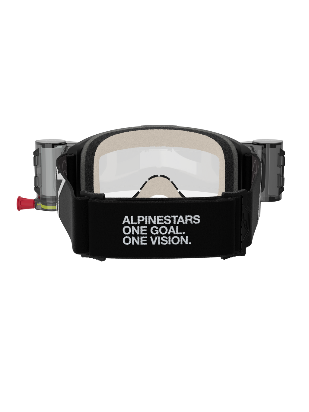 Alpinestars Vision 5 Corp Roll-Off bril, motorcrossbril, zwart en helder, achteraanzicht met een brede zwarte band met 'ALPINESTARS ONE GOAL. ONE VISION.' branding, roll-off systeem canisters en comfortabel meerlaags gezichtsschuim
