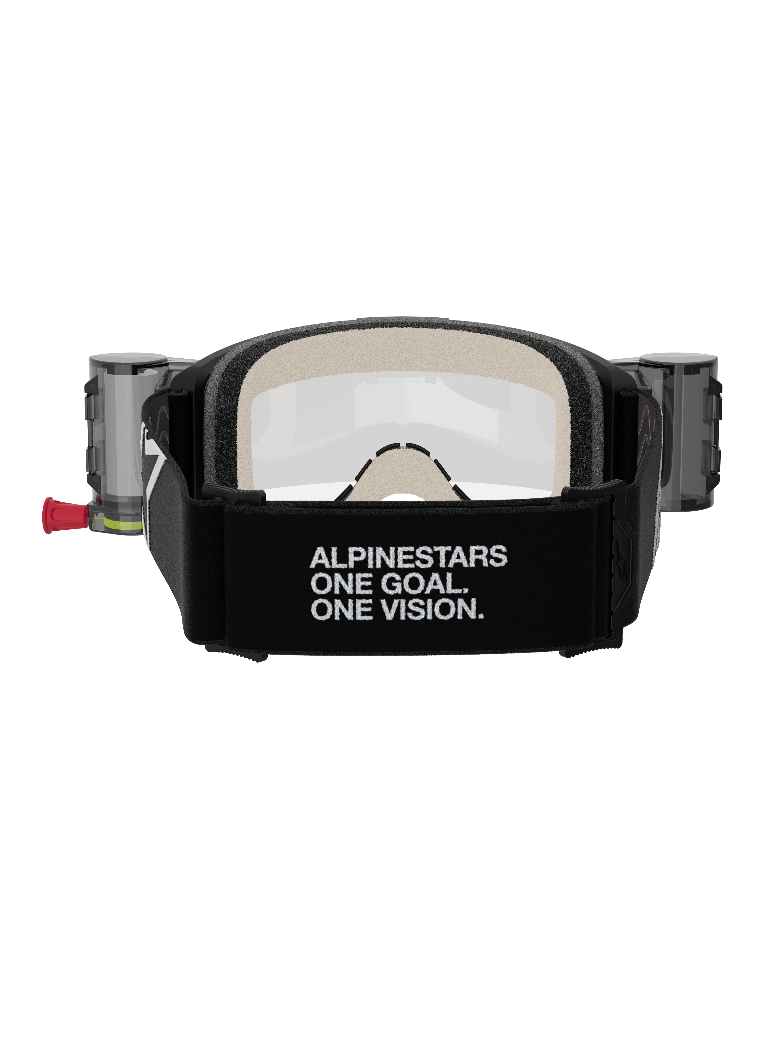 Alpinestars Vision 5 Corp Roll-Off bril, motorcrossbril, zwart en helder, achteraanzicht met een brede zwarte band met 'ALPINESTARS ONE GOAL. ONE VISION.' branding, roll-off systeem canisters en comfortabel meerlaags gezichtsschuim